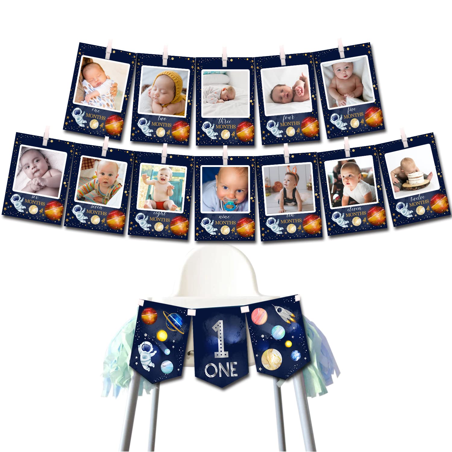 Space Photo Banner & High Chair Banner - First Birthday Party Decorations, Astronaut Theme Birthday Supplies for Baby Shower, Gender Reveal & Space-Themed Events
