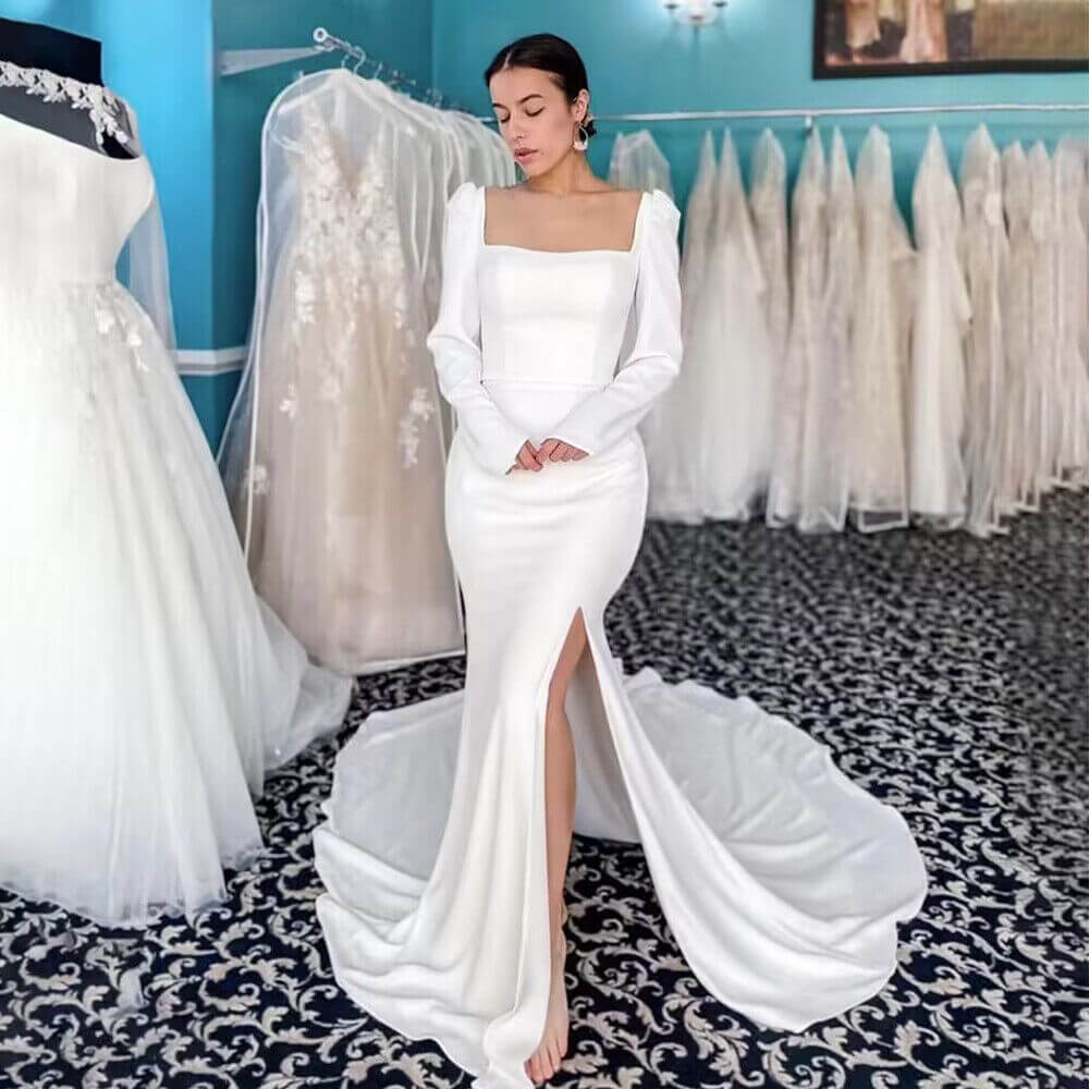Elegant Long Sleeve Square Neck Satin Wedding Dress - Mermaid Style with High Side Split & Backless Design for Bridal Gowns, Evening Gowns & Special Occasions