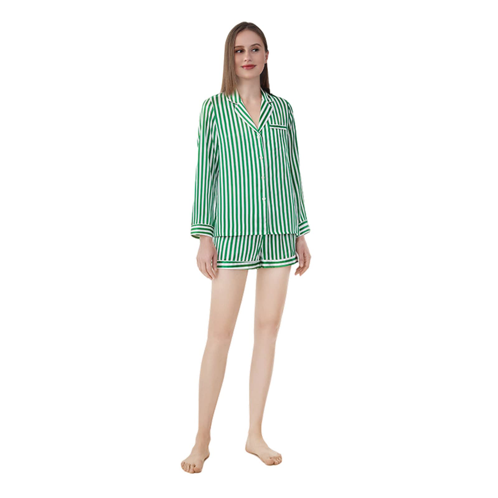 Women's 100% Silk Pajama Set with Shorts & Long Sleeve Top - Soft 2-Piece Button Down Sleepwear for Lounge & Comfortable Nightwear - Perfect for Relaxing at Home, Gift Giving and Spa Days