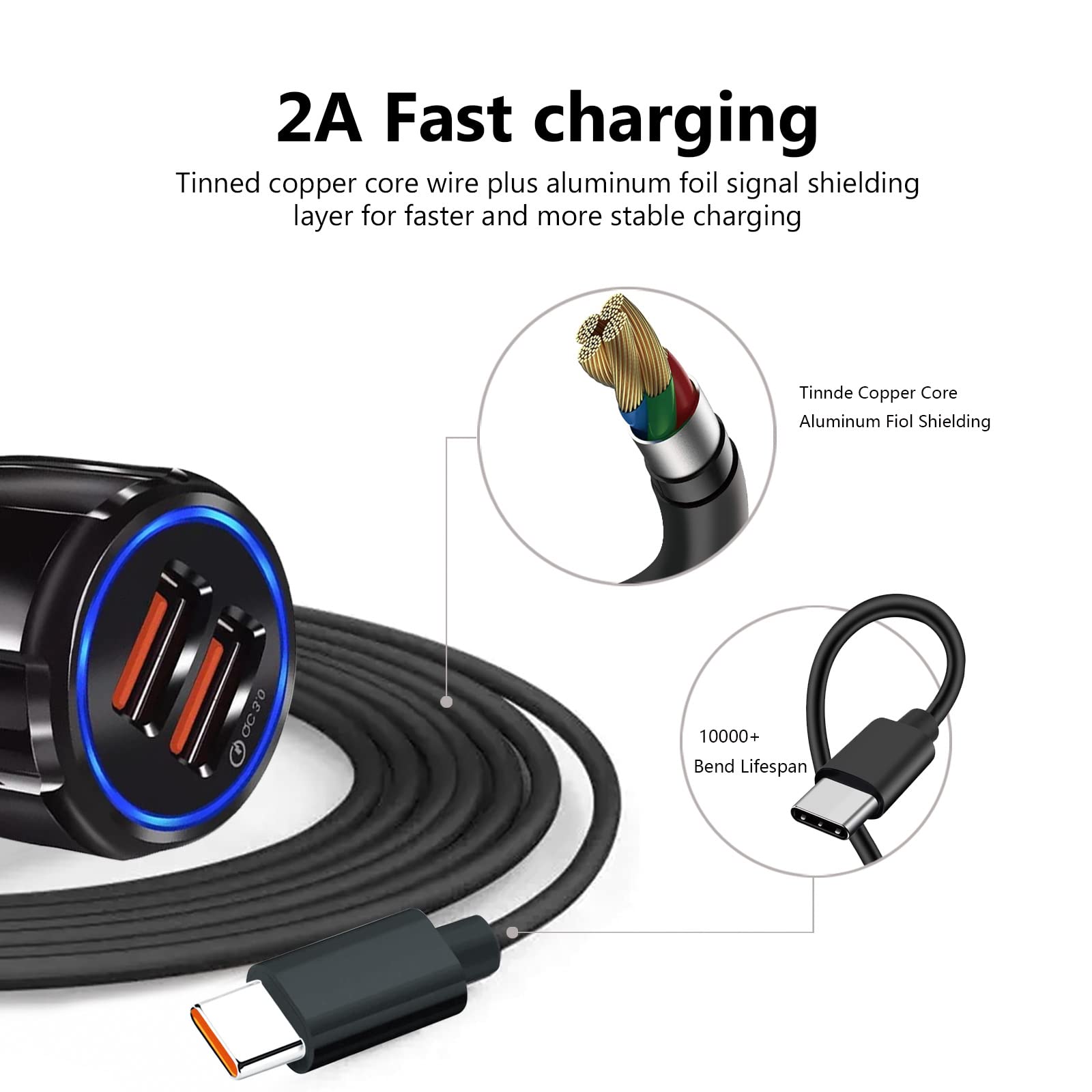 Fast Car Charger & 5ft USB Type C Charging Cable - Compatible with TCL Flip Pro 10L 20 SE 30, Cricket Influence Icon 2/3, Cricket Ovation 2 Debut Dream, ATT Calypso 2 Radiant Max, Sonim XP3 Plus XP8 - Quick Charge for Phones On The Go - Perfect for Road Trips & Daily Commutes