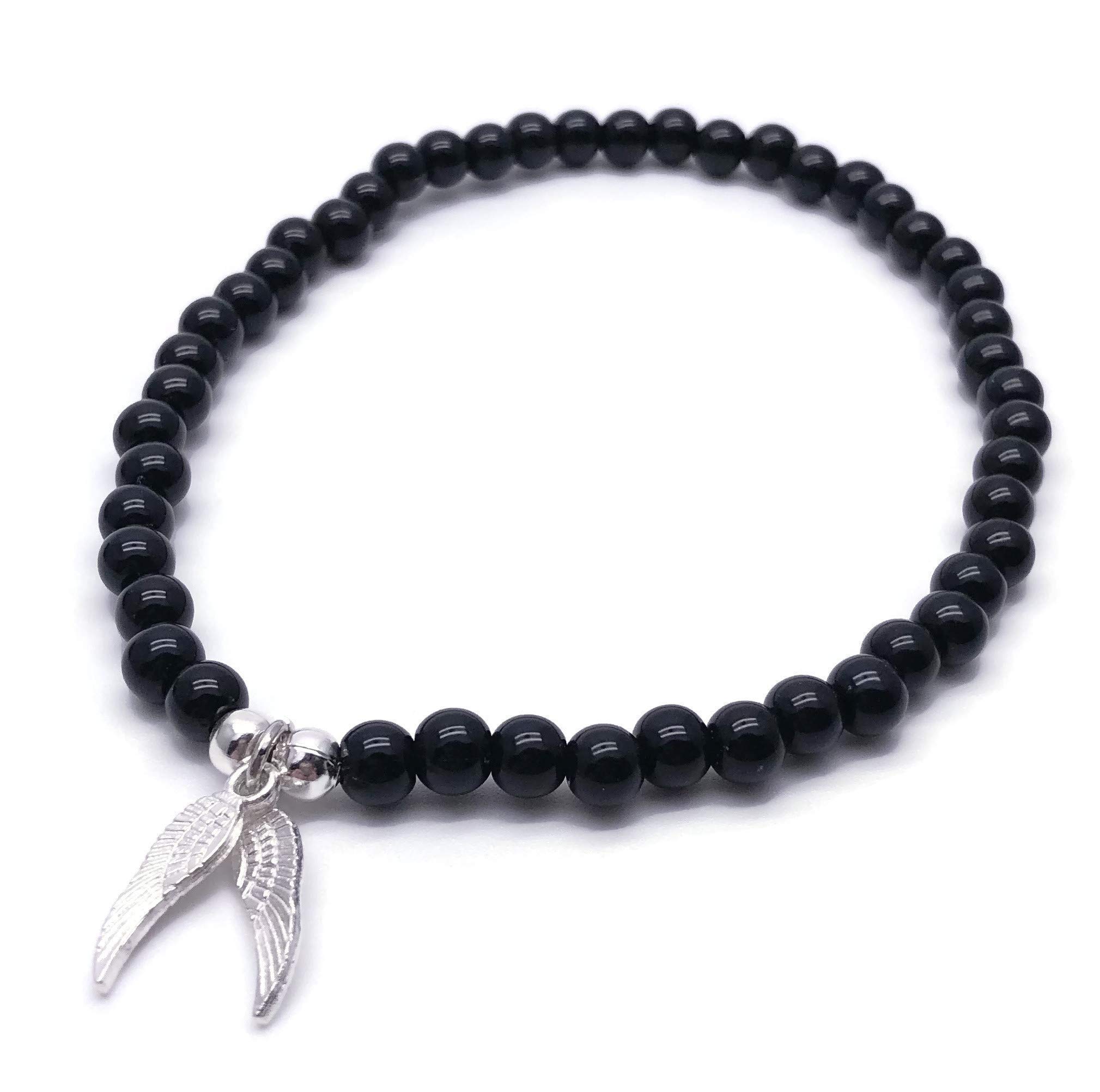 Angel Wings Charm Anklet - 6mm Black Acrylic Beaded Elastic Ankle Bracelet for Women | Adjustable 10-inch Size M/L | Stylish Everyday & Beach Jewelry | Perfect for Summer Outfits, Vacations and Boho Fashion