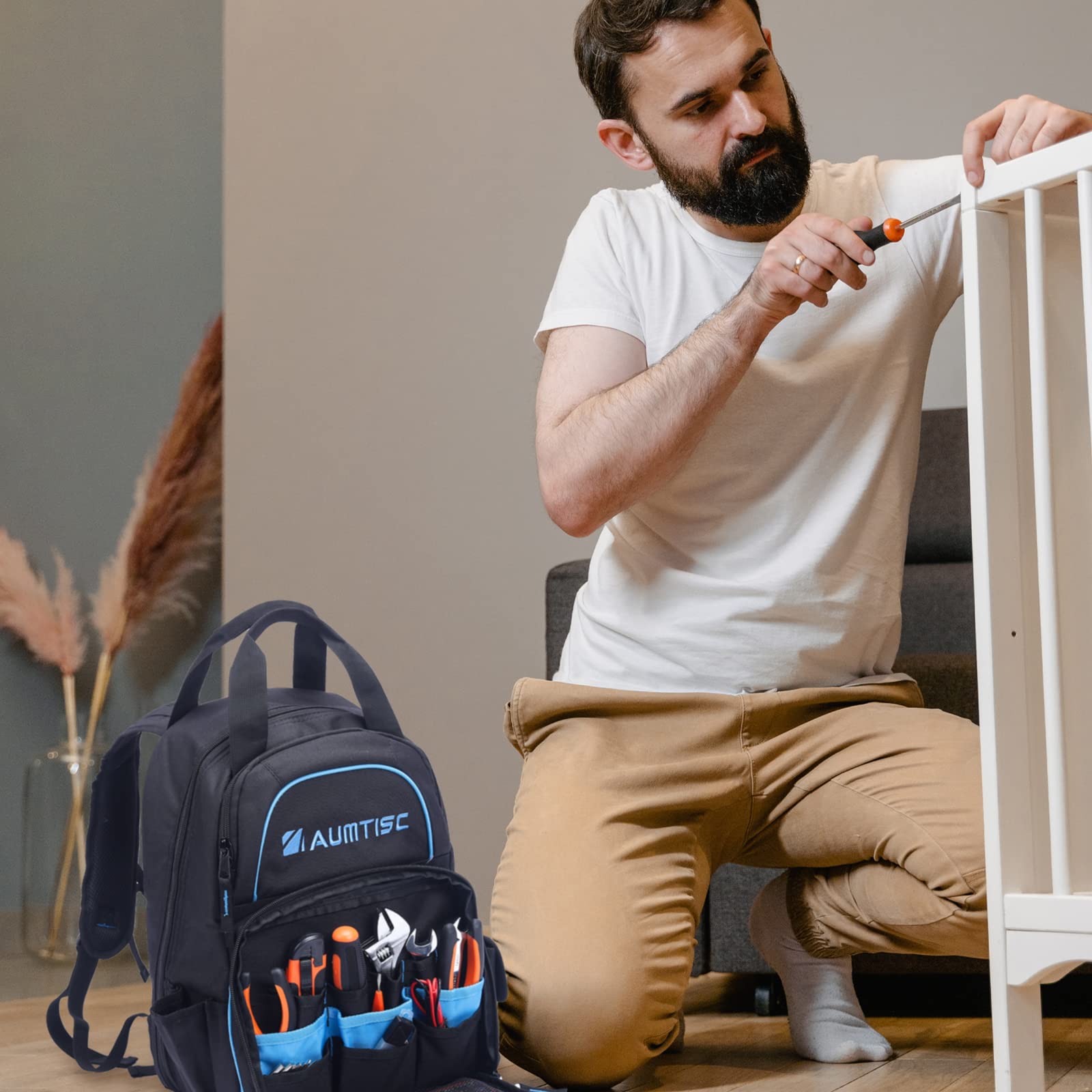 AUMTISC Heavy-Duty Tool Backpack for Men - Waterproof Construction Work Bag with Multiple Pockets for Electricians, HVAC Techs & Repairmen - Durable Jobsite Organizer (Blue) - Perfect for Construction Sites, Industrial Work & Equipment Storage