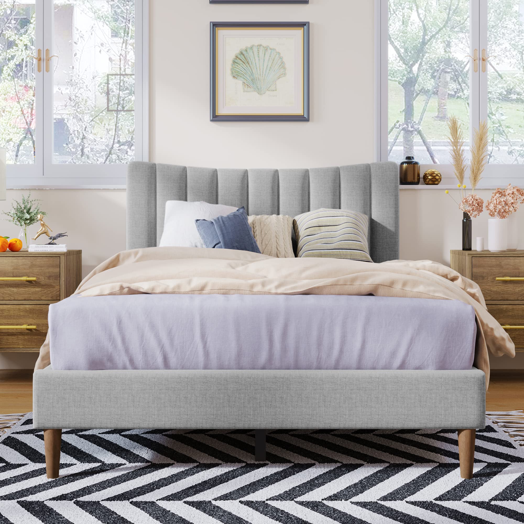 SOFTSEA Full Size Bed Frame with Vertical Channel Headboard - Modern Linen Upholstered Platform Bed with Sturdy Wood Slat Support, No Box Spring Required, Gray | Perfect for Small Bedrooms, Guest Rooms & Modern Apartments