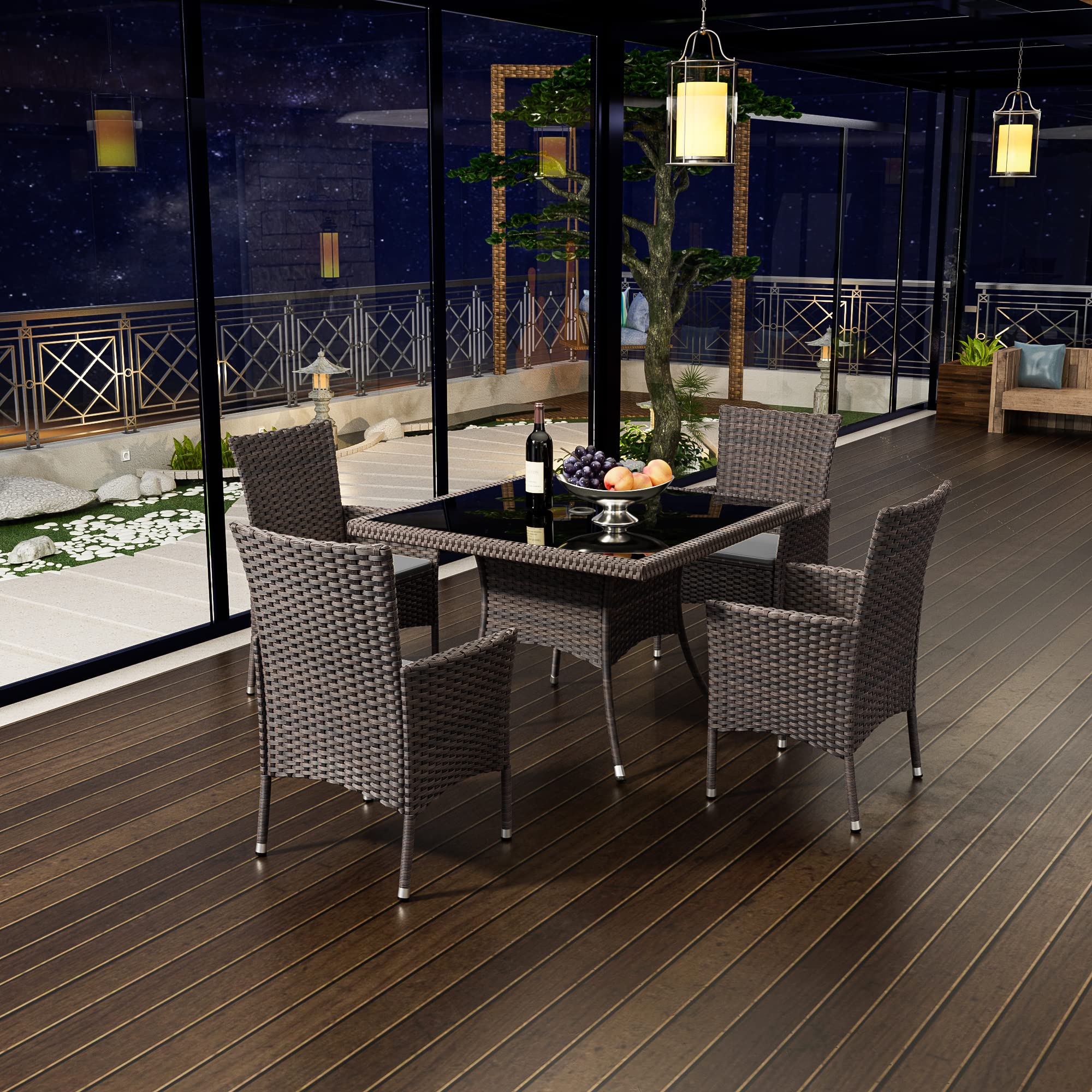 5-Piece Rattan Wicker Dining Set for 4 with Glass Top Table & Umbrella Hole - Indoor Outdoor Patio Furniture for Backyard, Garden, Poolside & Kitchen (Gray) - Perfect for Al Fresco Dining & Entertaining