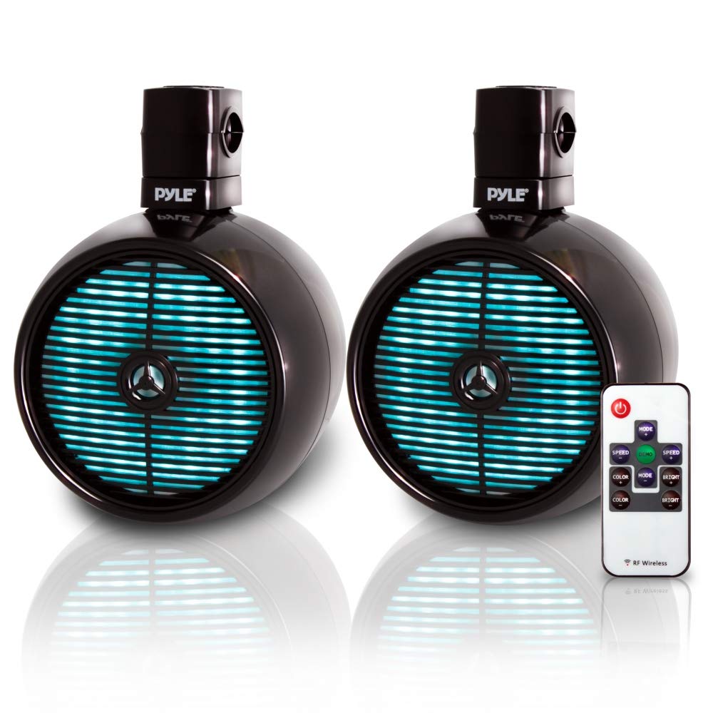 Pyle Marine Speakers - 8 Inch Waterproof IP44 Rated Wakeboard Tower Speakers with Built-in LED Lights, Weather Resistant Outdoor Stereo Sound System - 1 Pair Black (PLMRWB858LE) - Perfect for Boats, Wakeboarding, Pool Parties and Outdoor Entertainment