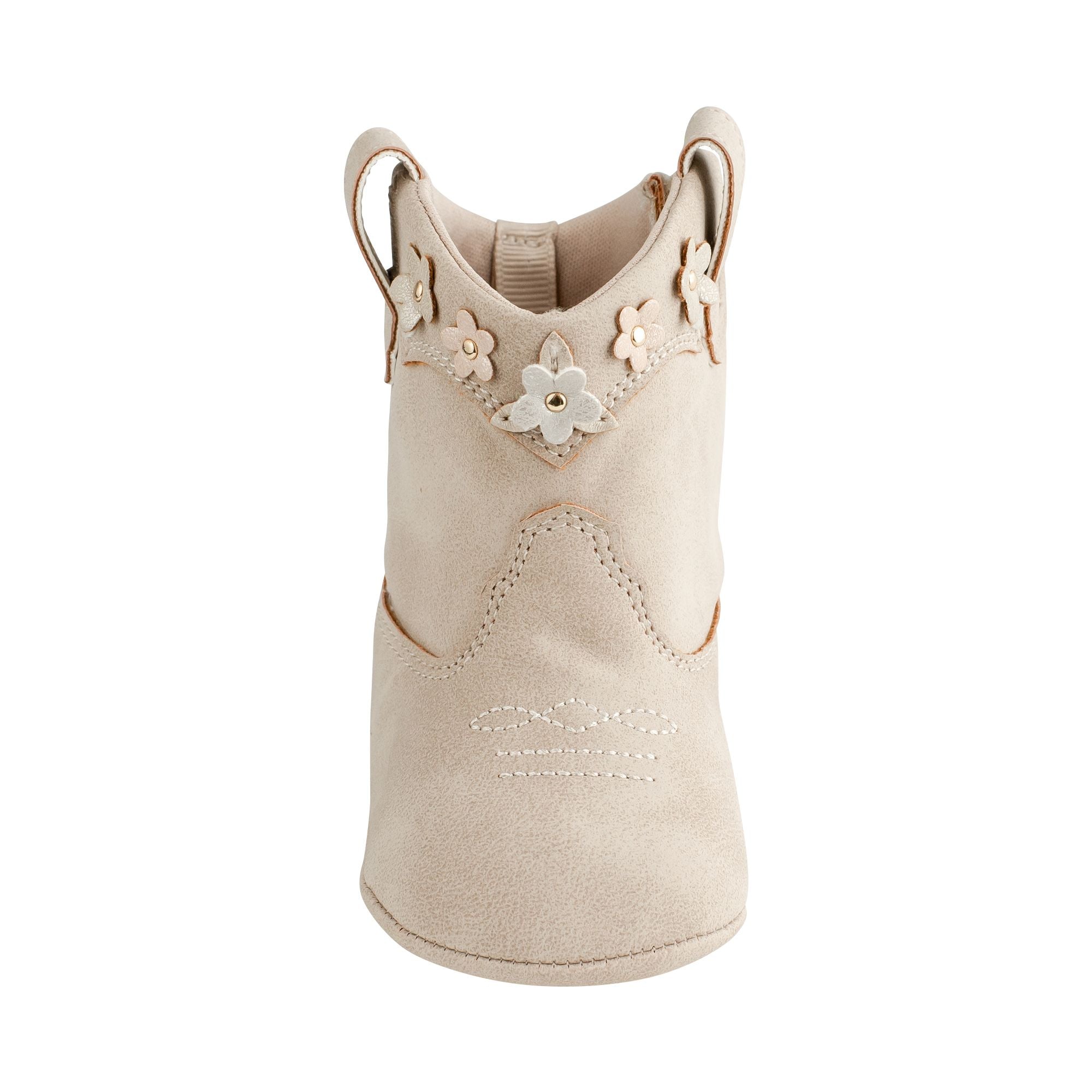 Mia Infant Distressed Western Boots - Taupe Color with Shimmer Flower Design | Comfortable Baby Cowboy Boots for Girls & Boys | Perfect for Western Outfits, Photo Shoots & Special Occasions