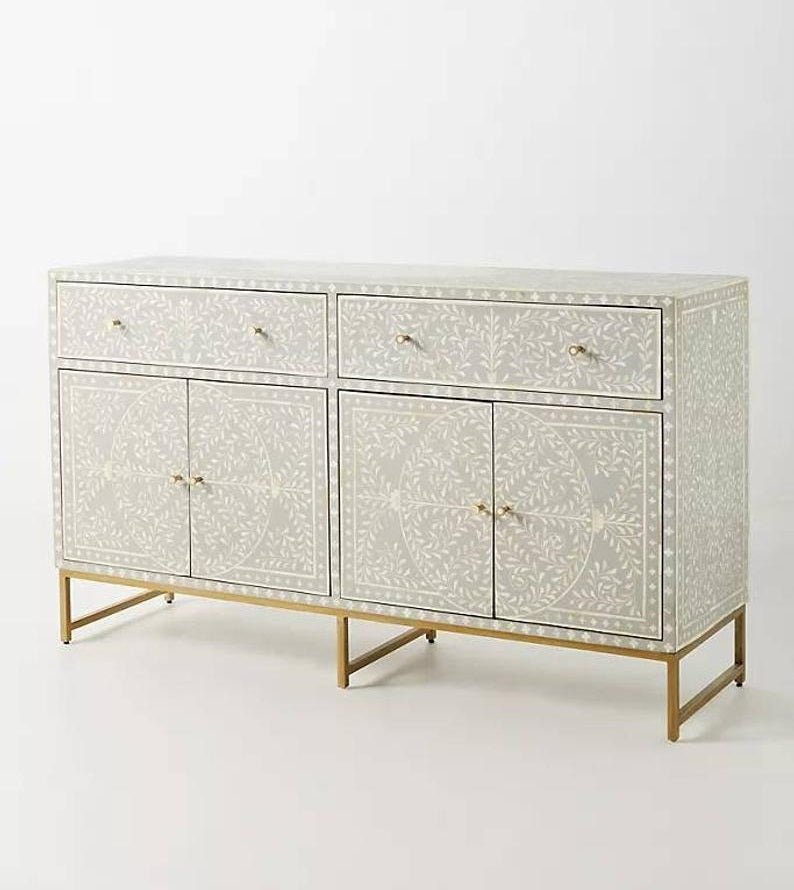Handmade Floral Inlay Grey Sideboard with 4 Doors & 2 Drawers - Custom Solid Wood Buffet Table for Dining Room Storage & Home Decor