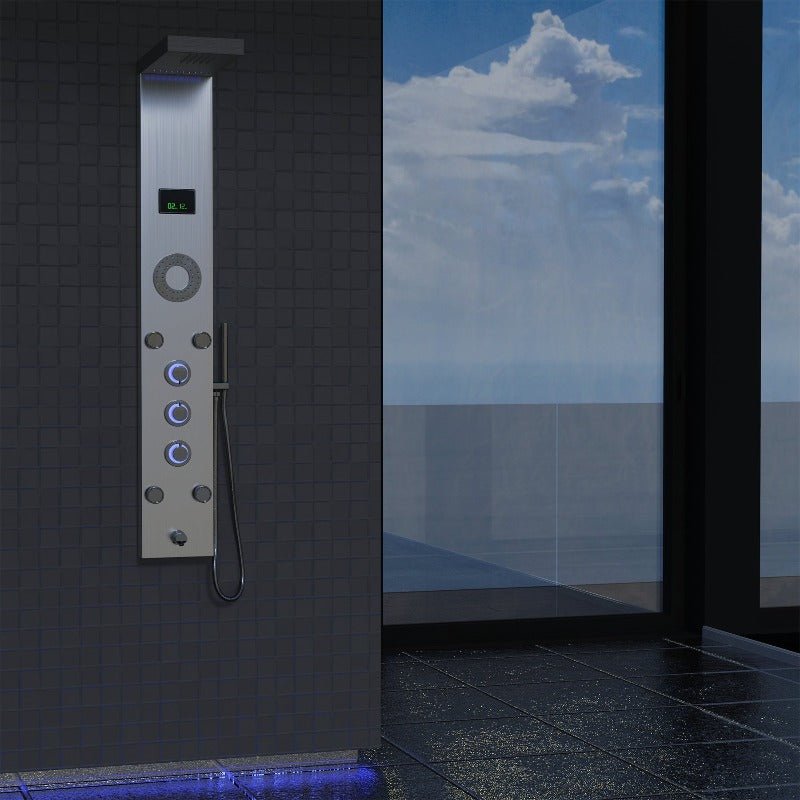 55 Inch 5-Jet Stainless Steel Shower Panel System with LED Rainfall Shower Head, Temperature Display & Handheld Shower - Self-Cleaning, Jet Massage for Spa-Like Bathroom Experience - Perfect for Modern Homes, Luxury Bathrooms & Relaxing Showers
