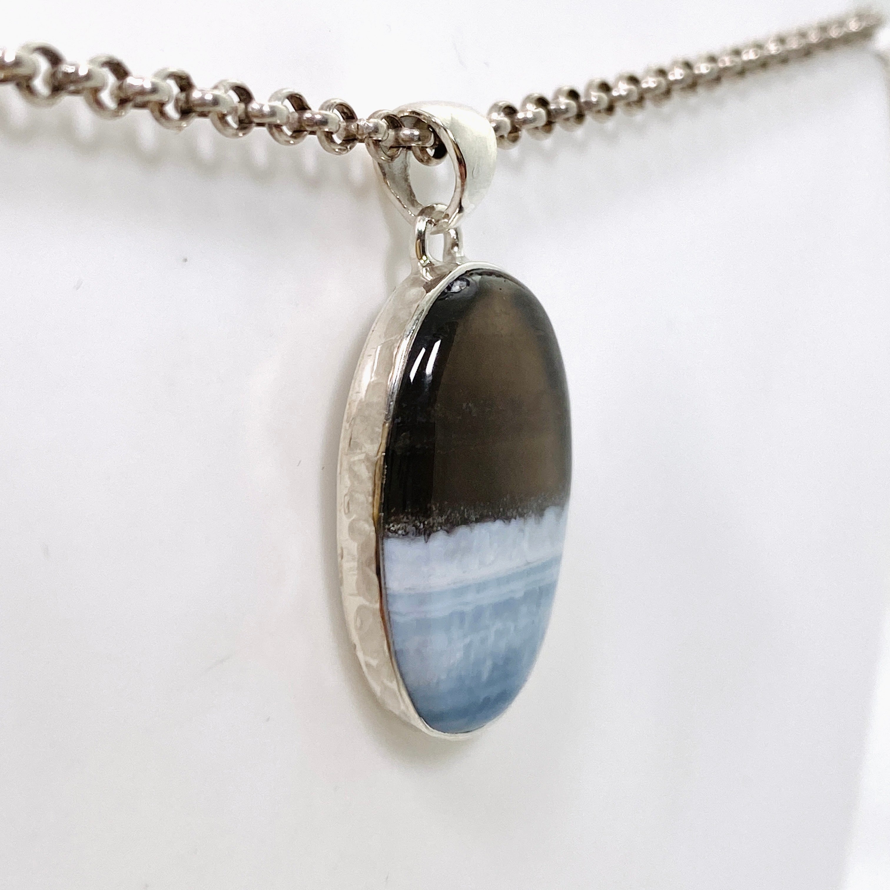 Blue Owhyee Opal Oval Cabochon Pendant in Hammered Silver Setting KPGJ4651 - Perfect for Boho Jewelry, Gift Giving & Special Occasions