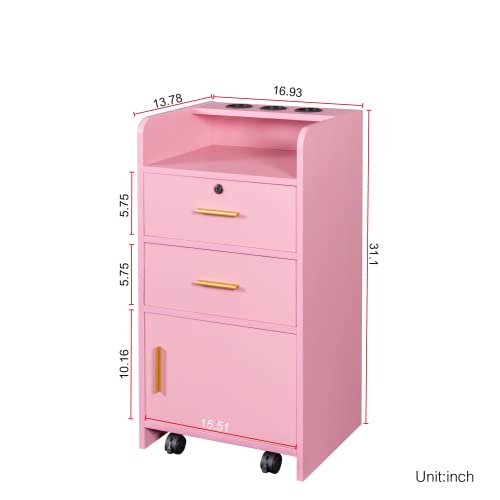 Lockable Pink Beauty Salon Storage Cabinet with Hair Dryer Holders, 2 Drawers & 1 Cabinet - Styling Station for Salon, Spa & Barber Shop | Perfect for Organizing Tools, Styling Products & Equipment