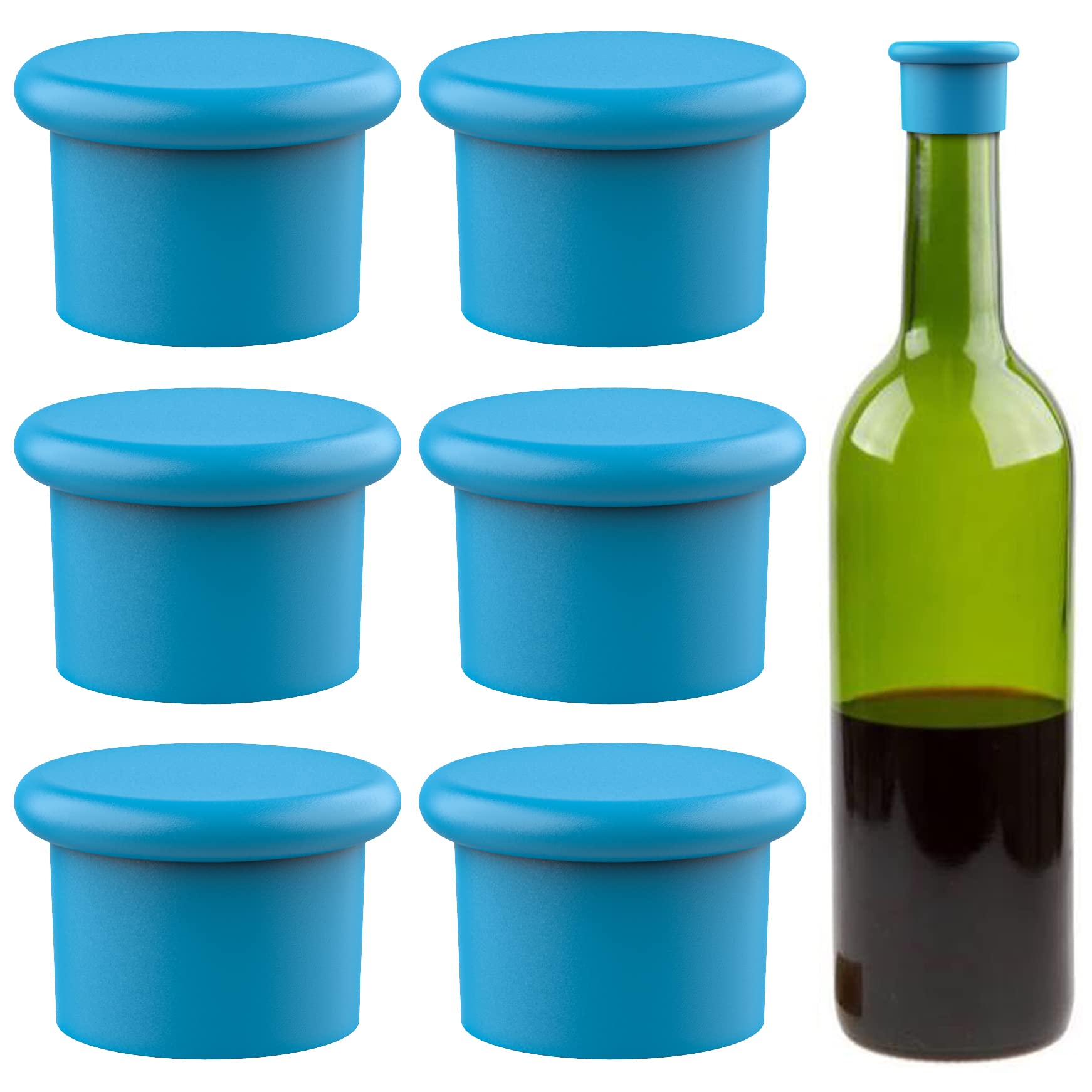 Reusable Silicone Wine Stoppers - Airtight Seal for Wine & Beer Bottles, Easy to Clean (6-Pack, Blue) - Perfect for Parties, Picnics & Home Bars