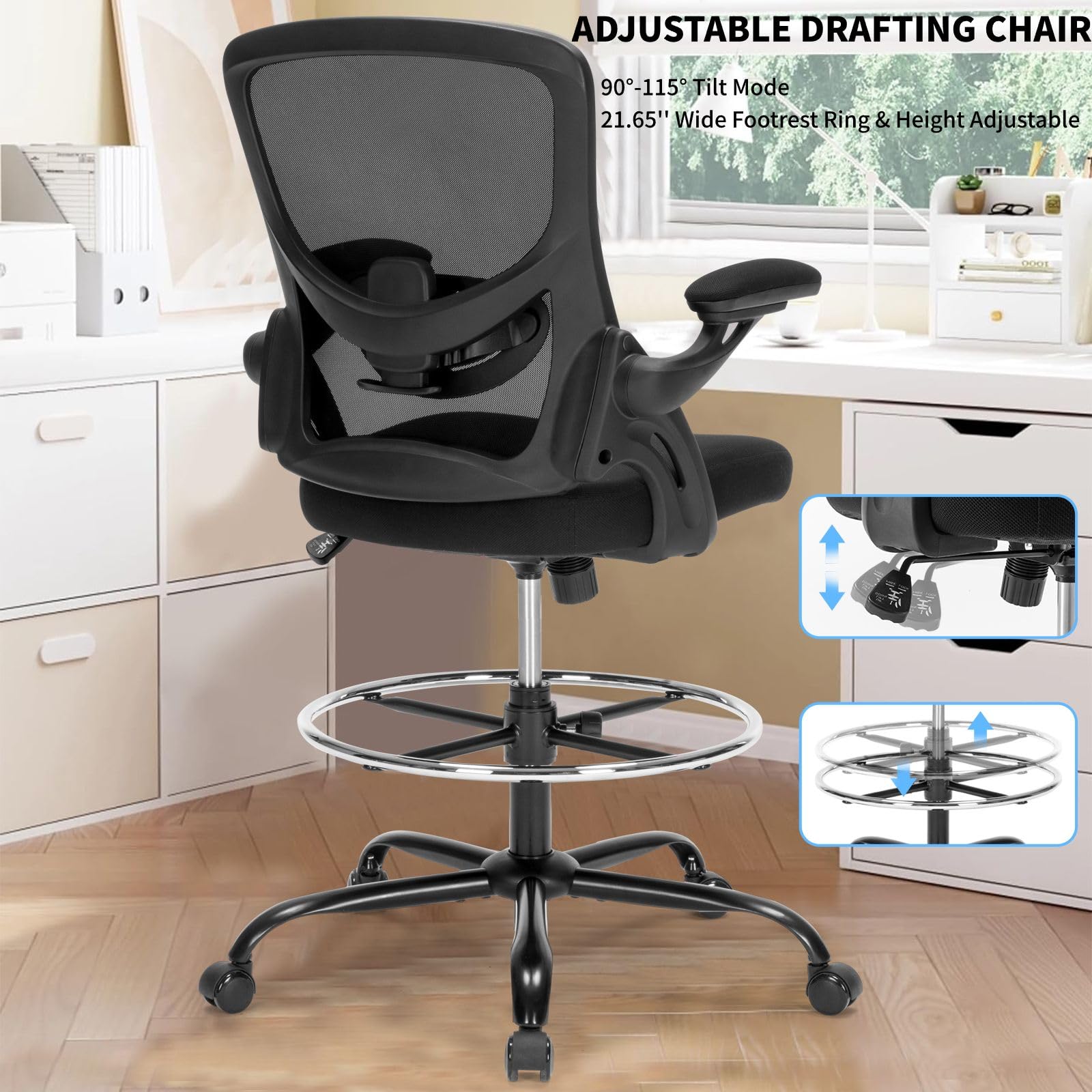 Ergonomic Drafting Chair with Flip-Up Armrests & Adjustable Lumbar Support - Tall Office Chair for Standing Desks, Counter Height with Footrest - Black - Perfect for Architects, Artists & Home Office Workspaces