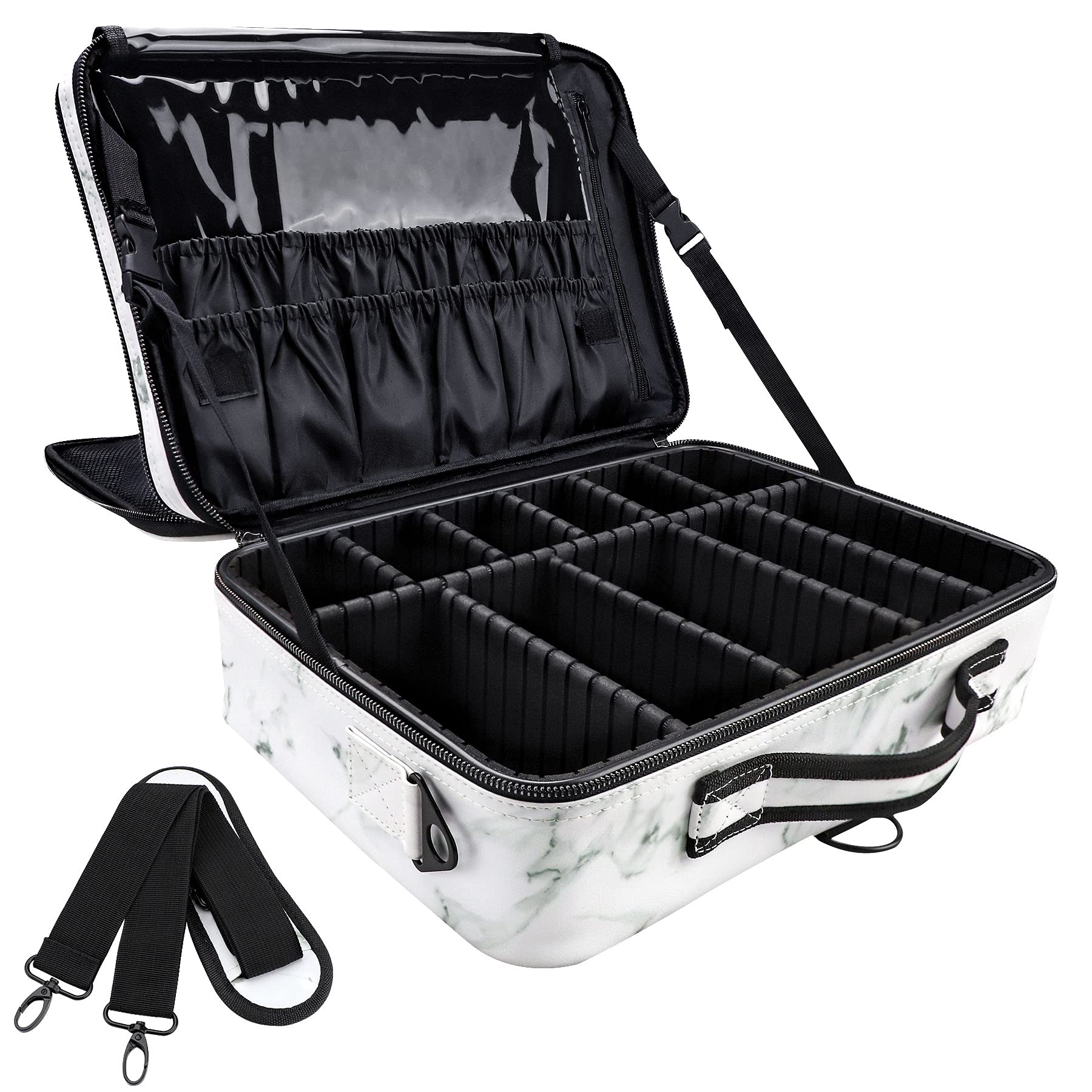 JOURMON Travel Makeup Case - Portable Cosmetic Train Case Organizer with Adjustable Dividers & Shoulder Strap for Makeup Brushes & Toiletries | Perfect for Travel, Salon Professionals & Home Storage (Marble White Black, Large)