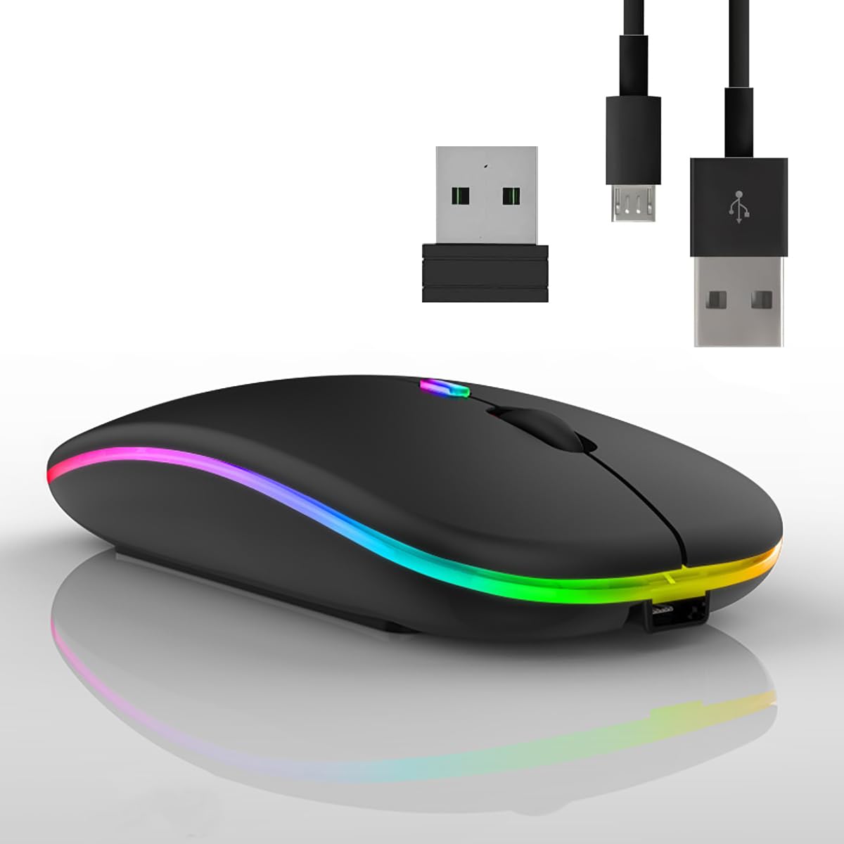 Vinmooog Wireless Rechargeable Ergonomic Bluetooth Mouse - 7 Color Backlit Gaming Mouse with Adjustable 3 DPI & 2.4GHz USB Receiver for PC, Laptop, Office & Gaming (Black) - Perfect for Work, Gaming & Travel