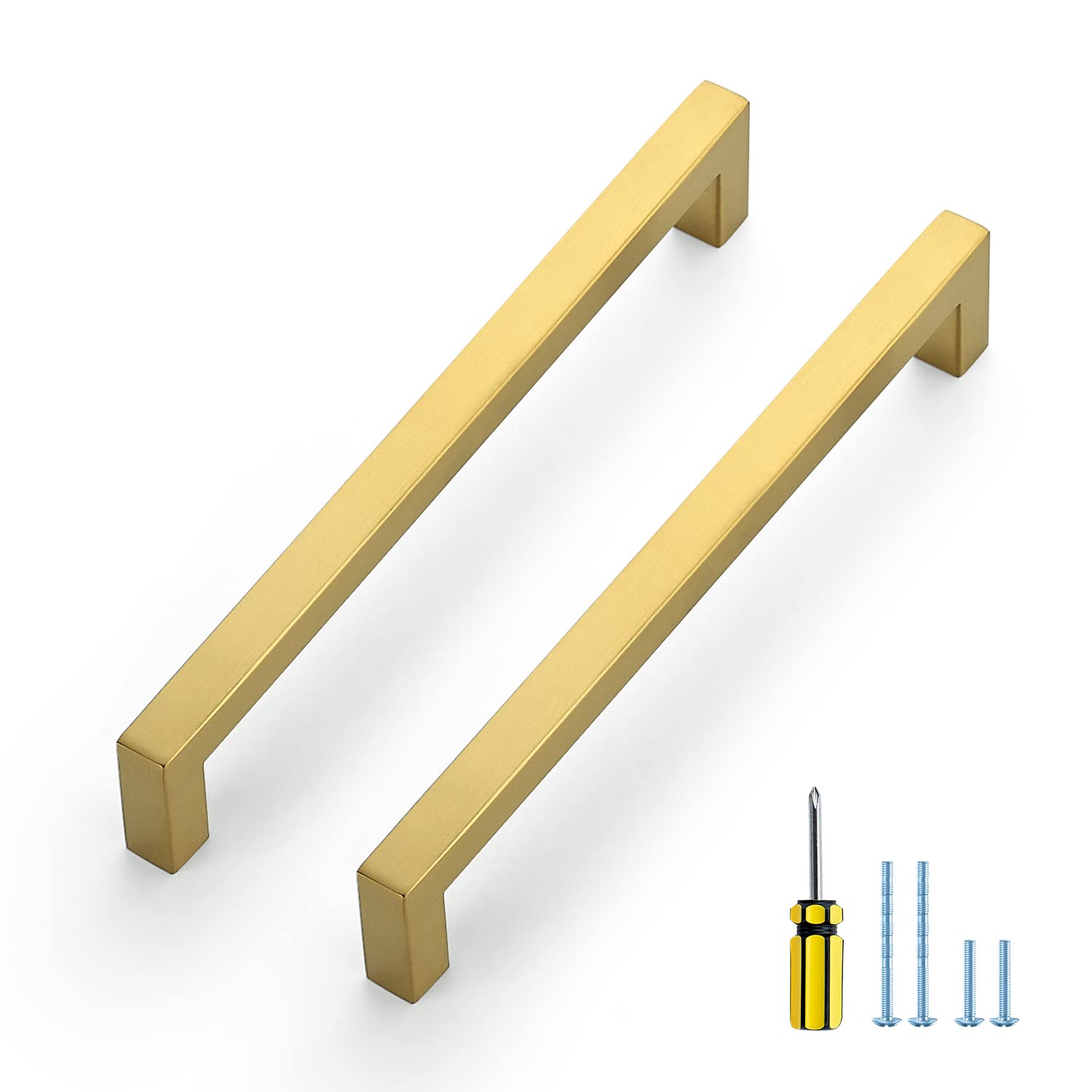 Ravinte 10 Pack 7-1/2 Inch Square Cabinet Pulls - Brushed Brass Kitchen Cabinet Handles & Drawer Pulls with Screwdriver - Perfect for Modern Kitchens, Bathrooms & Furniture Upgrades