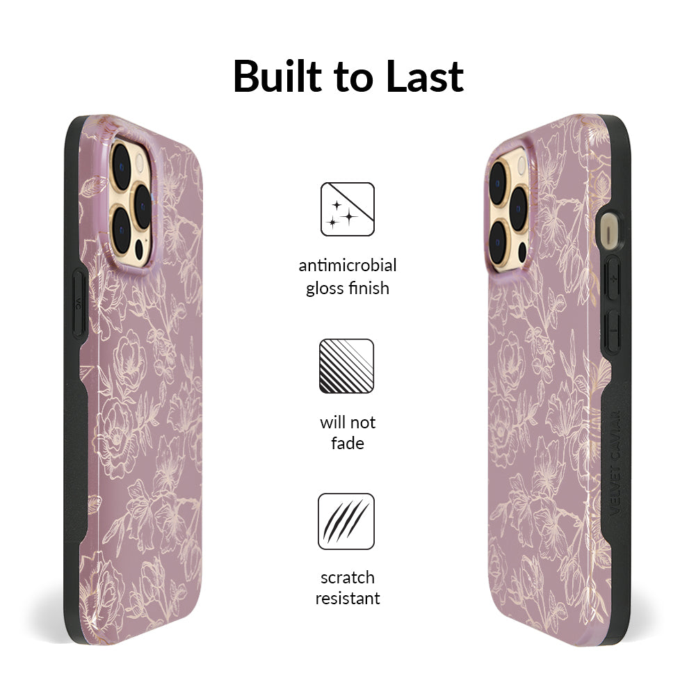 Dusty Rose Chrome Floral iPhone Case - Elegant Protective Phone Cover for iPhone 13/14/15 Pro Max - Perfect for Women, Girls, Daily Use, Gift Giving & Special Occasions