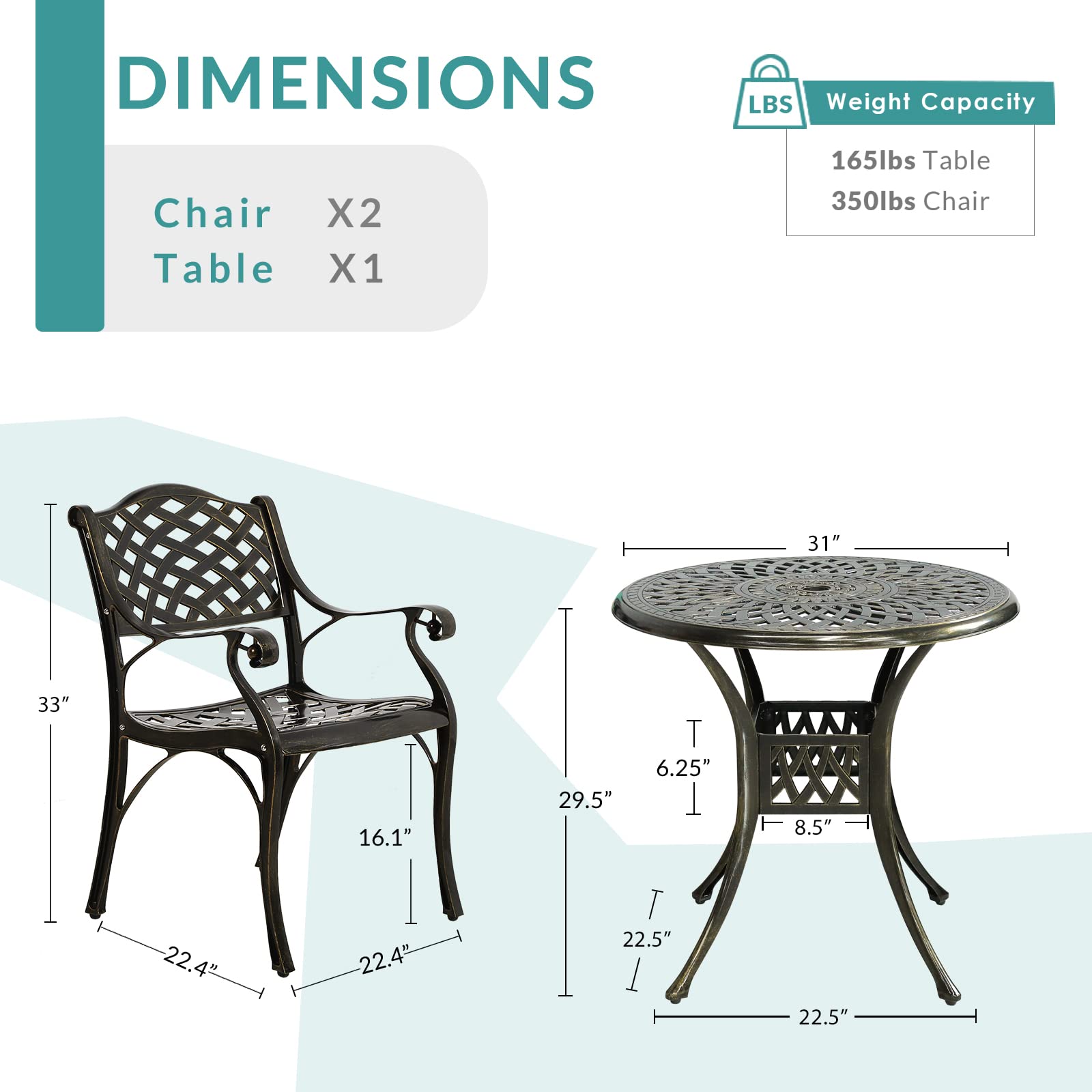MEETWARM 3-Piece Outdoor Bistro Set - All-Weather Cast Aluminum Patio Dining Set with 2 Chairs & 31