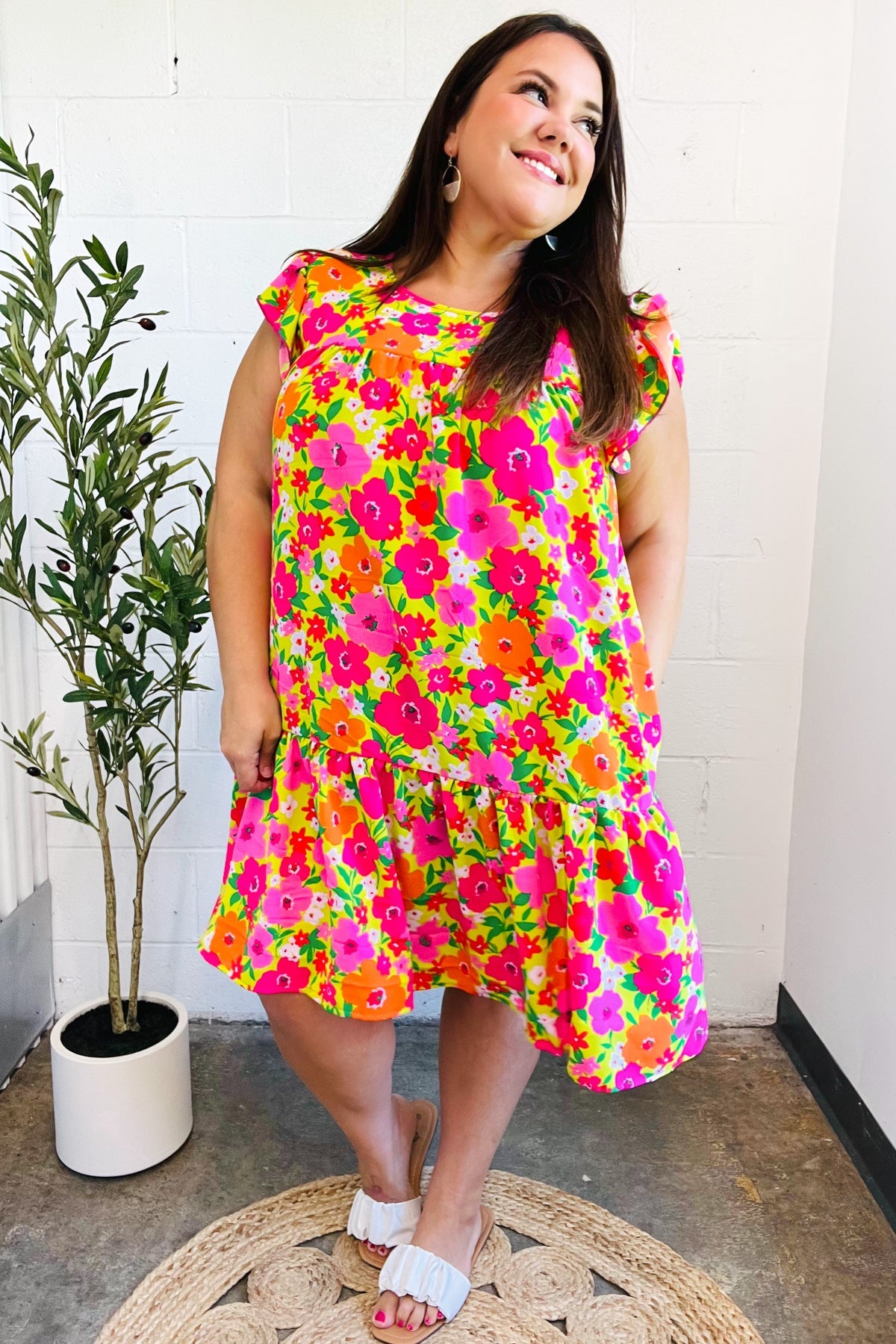 Be Charming Lime & Pink Floral Print Tiered Ruffle Sleeve Dress - Women's Summer Party Dress for Weddings, Garden Parties & Date Nights
