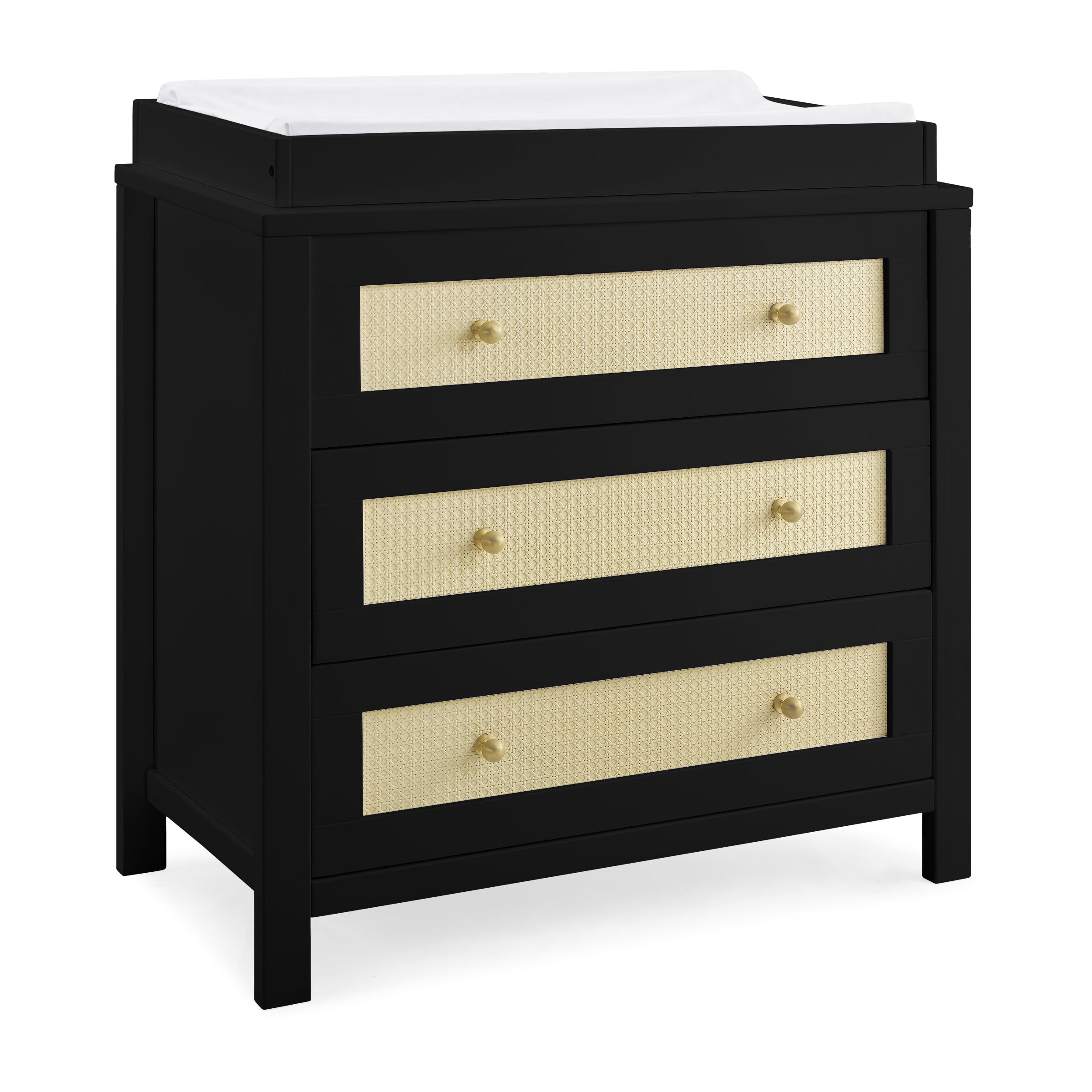 Simmons Kids Theo 3-Drawer Baby Dresser with Changing Table Top | Secure Interlocking Drawers | Black & Textured Almond Finish | Perfect for Nursery Organization & Diaper Changing Station