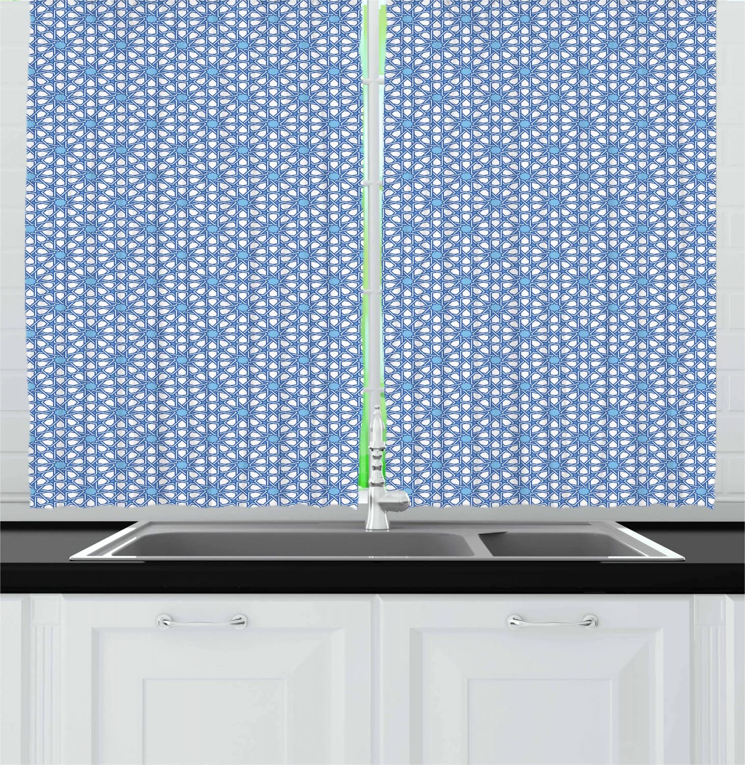 Ambesonne Moroccan Long Kitchen Curtains - Traditional Moorish Tangled Lines Pattern, Eastern Design Abstract Geometric Drapes, 2 Panels with Rod Pocket, 55