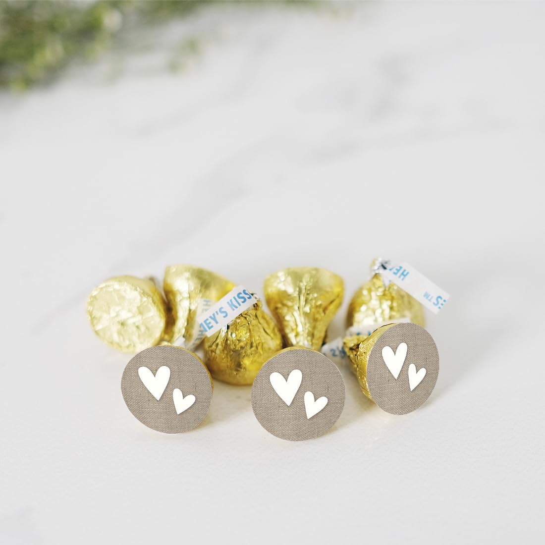 Andaz Press Chocolate Drop Labels Stickers - 216-Pack Wedding Favor Stickers with Double Hearts & Burlap Design for Candy Kisses, Party Favors, Gifts & Decorations - Perfect for Weddings, Baby Showers & Holiday Celebrations