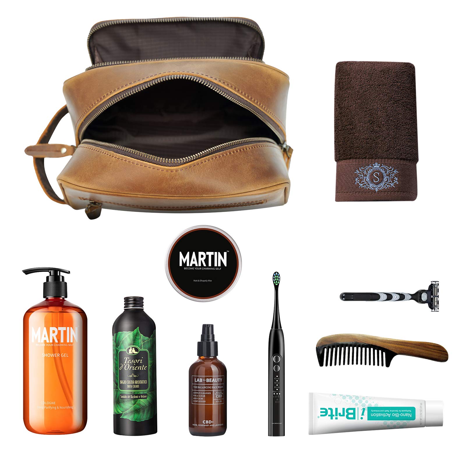 Vintage Full Grain Leather Dopp Kit for Men - Handmade Travel Toiletry & Shaving Bag with YKK Metal Zippers (Brown) - Perfect for Business Trips, Camping & Grooming Essentials