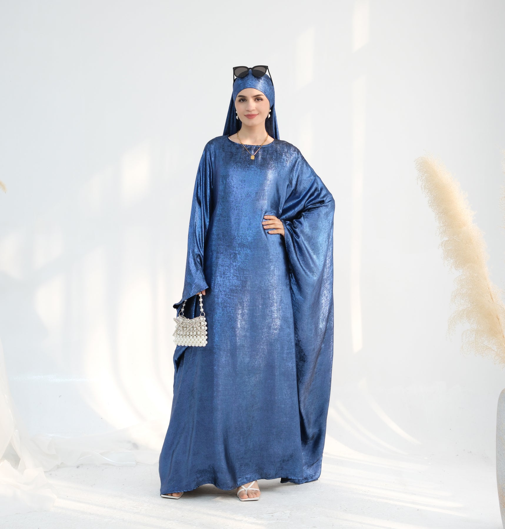 Linora Shimmer Butterfly Abaya Dress for Women - Elegant Blue Islamic Prayer Gown for Mosque, Eid, and Special Occasions