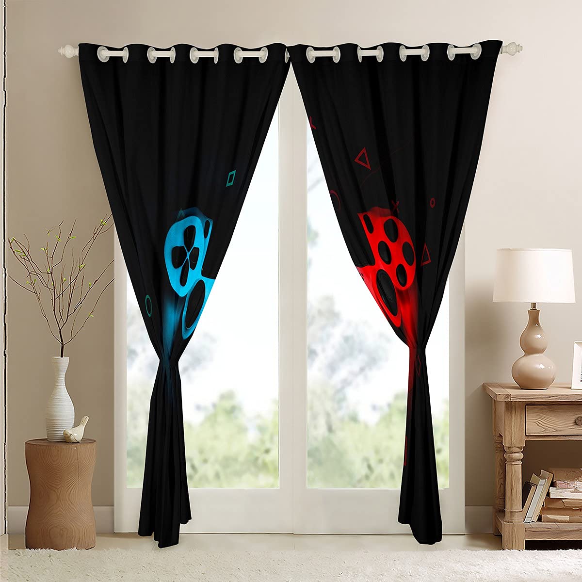 Gaming Window Curtains for Teens - Pixel Cube Abstract Design with Grommet Top (52x90 Inches) - Black Red Blue Video Game Themed Room Decor for Boys, Girls & Young Gamers - Perfect for Bedrooms, Game Rooms & Streaming Setups