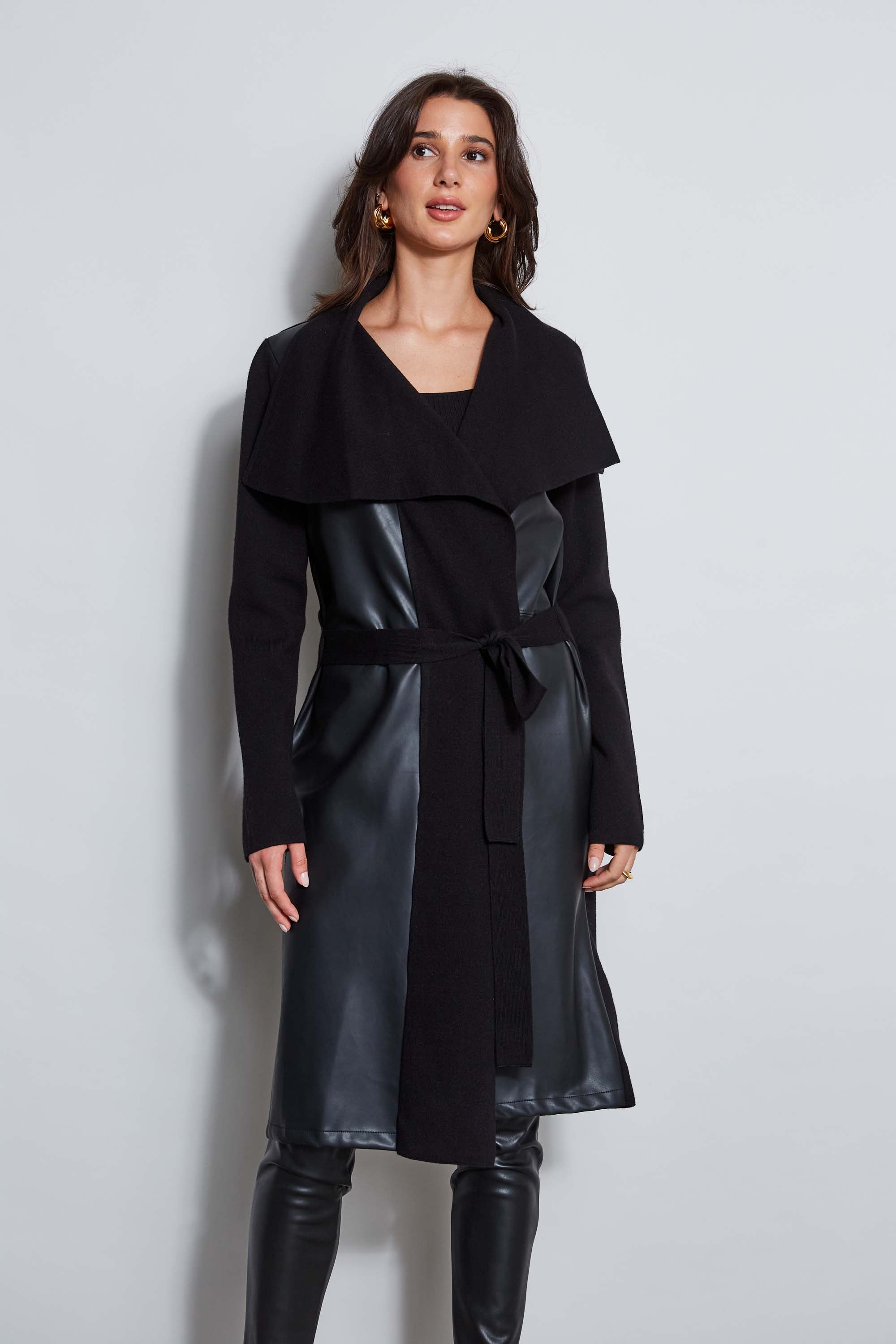 Tahari Vegan Leather Knit Jacket for Women - Stylish Faux Leather Cardigan with Knit Trim - Perfect for Office, Date Night & Fall Layering