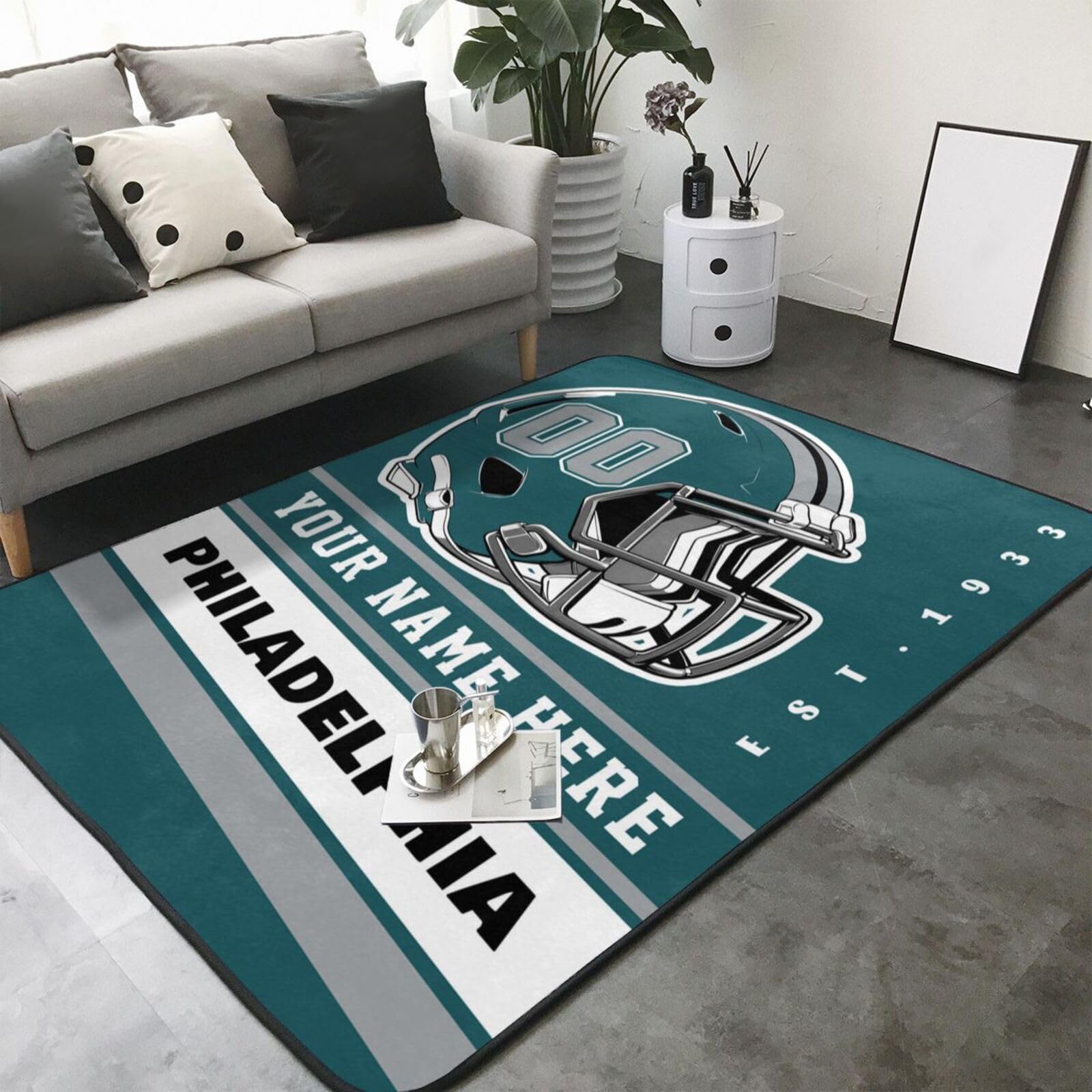 Custom Philadelphia Eagles Football Rug - Personalized Bedroom Area Rugs with Name & Number - Unique Sports Fan Gift for Men & Women - Perfect for Game Room Decor, Fan Cave, or Sports-Themed Bedroom