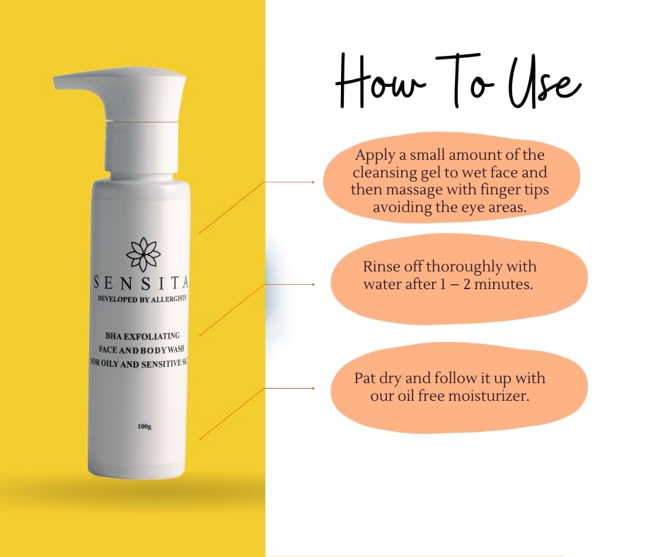 SENSITA BHA Exfoliating Face and Body Wash for Oily & Sensitive Skin - 100g | Gentle Cleanser with Salicylic Acid for Acne-Prone Skin | Daily Skincare & Shower Routine