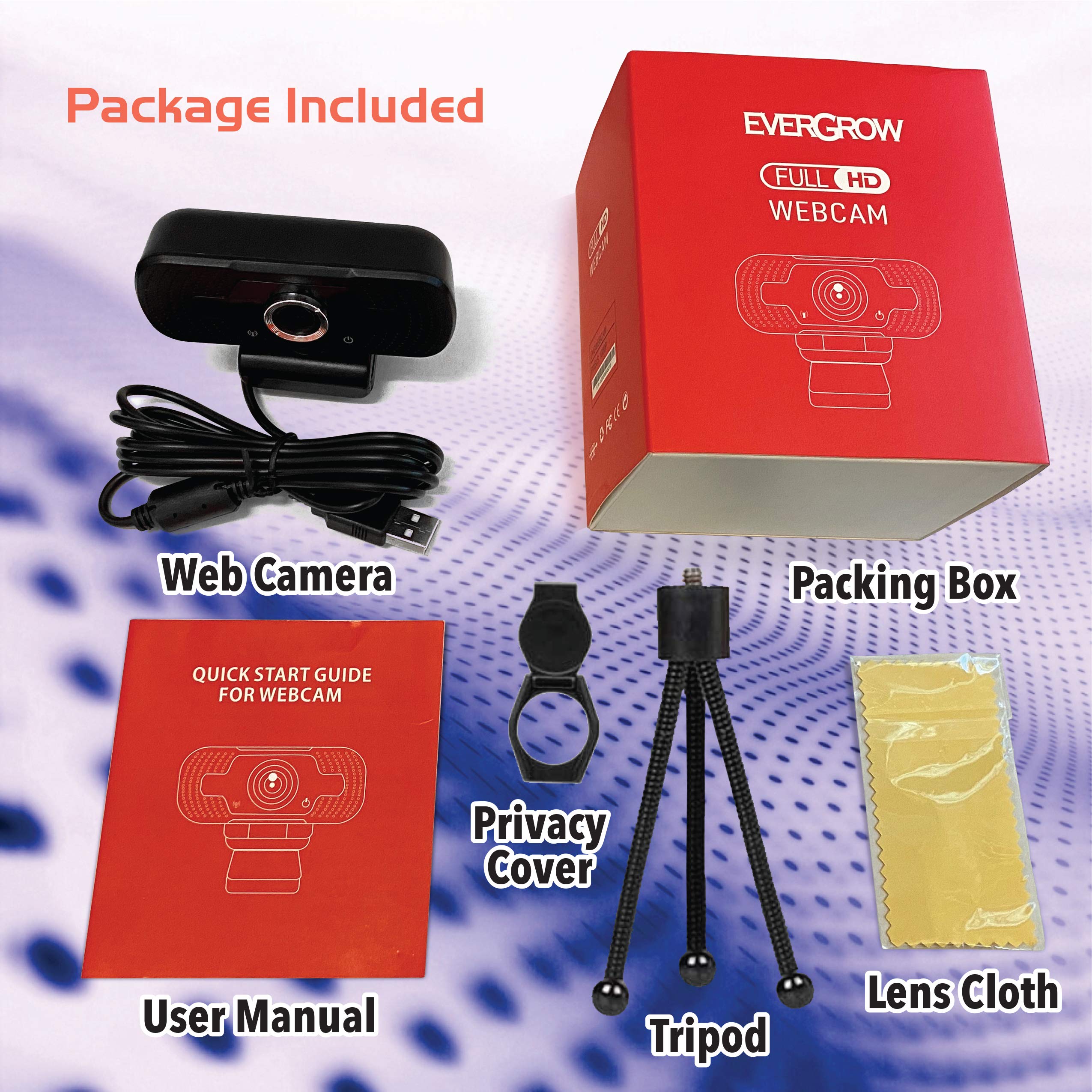 EverGrow 2024 1080P HD Webcam with Built-in Microphone, Privacy Cover & Tripod - 110° Wide Angle USB Camera for Laptop, Plug & Play - Perfect for Zoom, YouTube, Skype, Online Classes & Video Conferencing (CAM-WEB-2MP)
