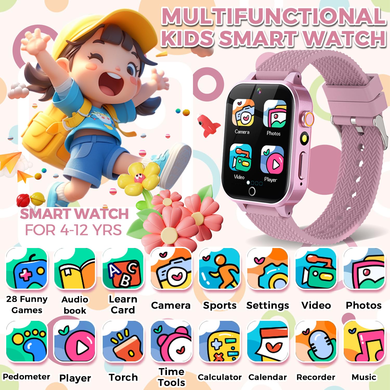 Smart Watch for Kids Girls Age 3-12 - 26 Games, HD Camera, Touchscreen, Music Player, Pedometer, Learning Cards, Audiobooks, Metal Case - Perfect for Birthday Gifts, School Activities & Outdoor Play (Pink) with 2 Screen Protectors
