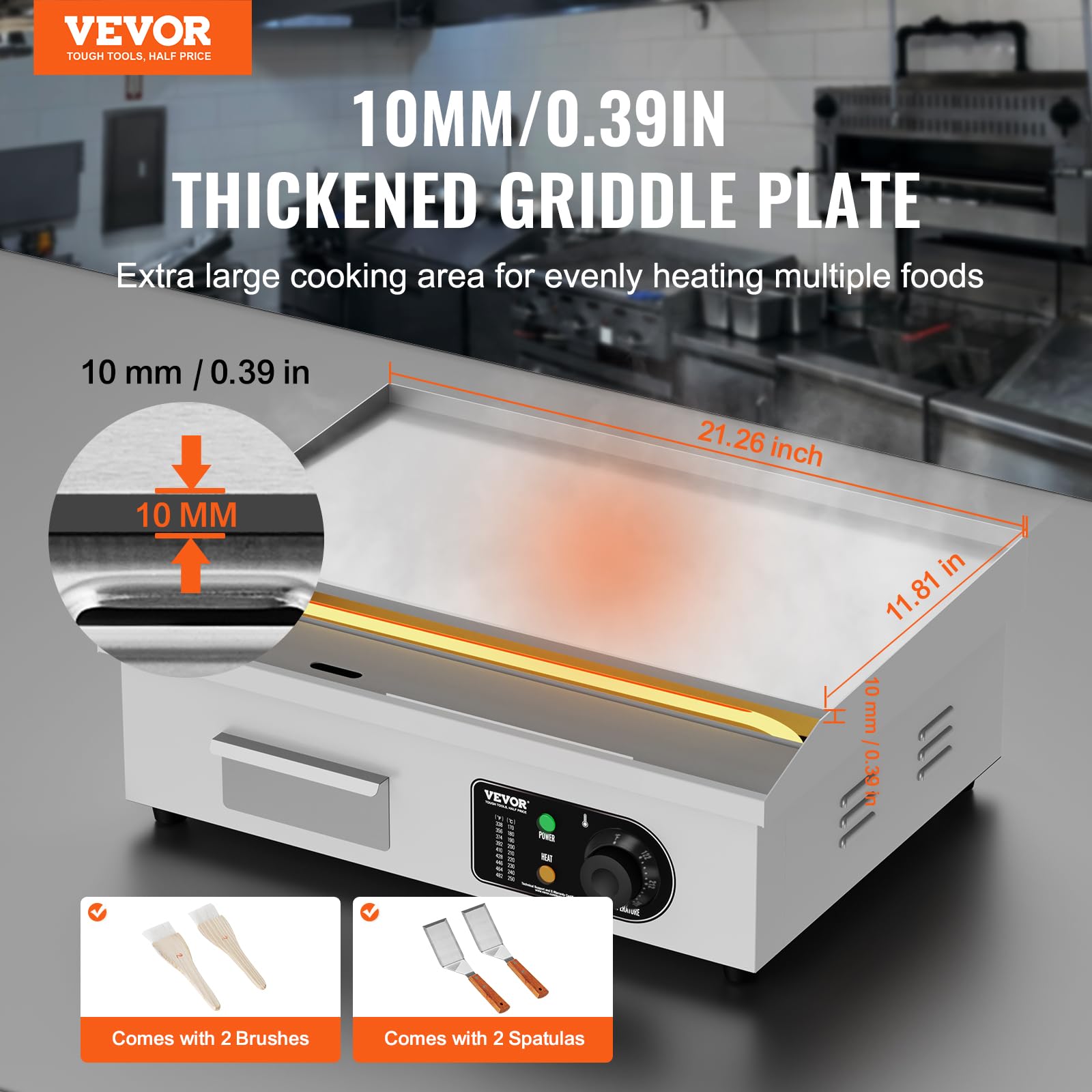 VEVOR 3200W Commercial Electric Griddle, 22 Inch Stainless Steel Flat Top Grill with Adjustable Temperature 122°F-572°F - Includes 2 Shovels & 2 Brushes for Home Kitchen, Restaurant, Food Truck, or Outdoor Cooking (230V)