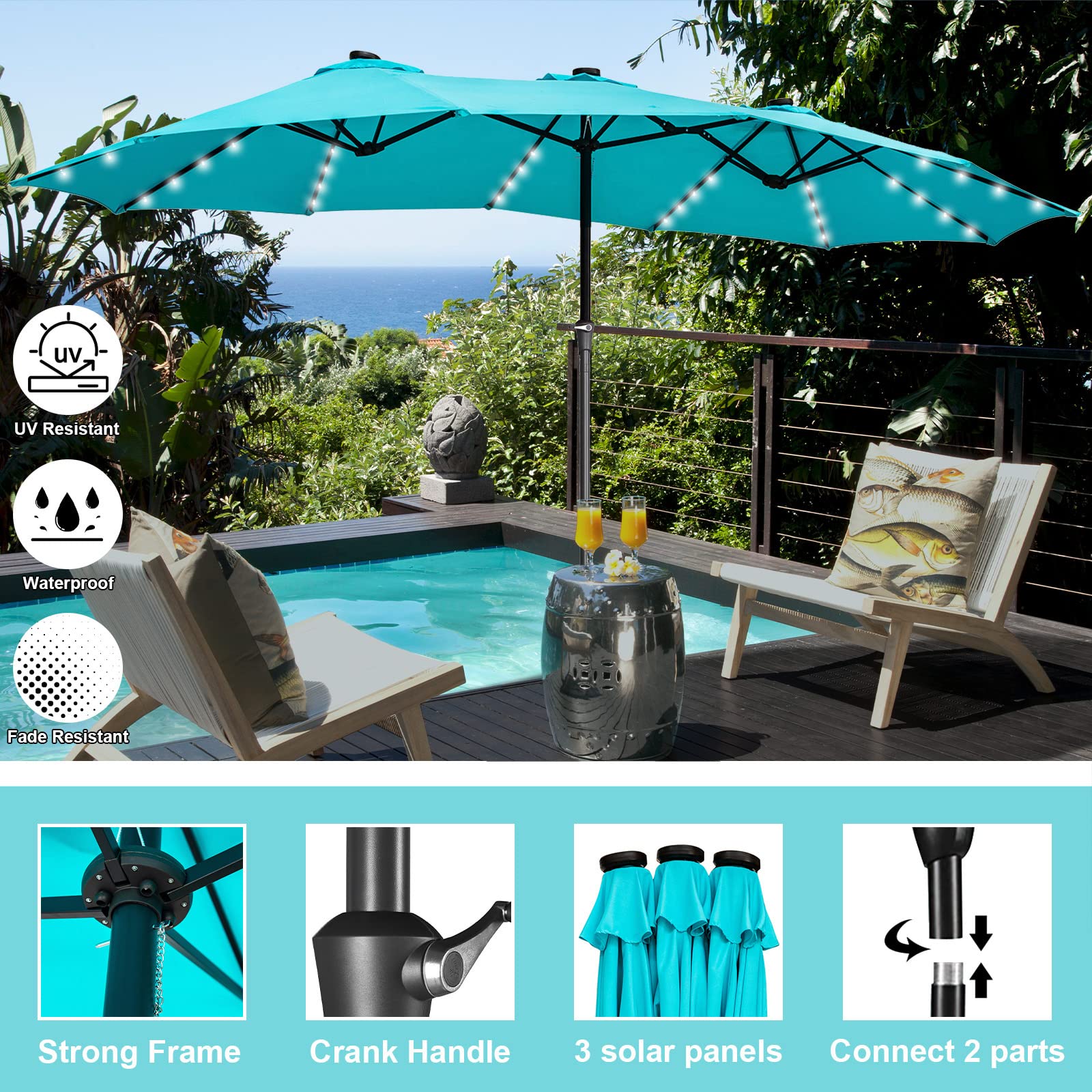 GDY 15Ft Solar Powered Patio Umbrella with 48 LED Lights - Double-Sided Aluminum Outdoor Market Umbrella in Blue - Perfect for Backyard, Poolside, and Outdoor Dining Areas