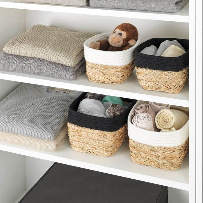 Rika Medium Rectangular Storage Basket - White & Natural Woven Organizer for Home, Office, Nursery Organization | Perfect for Shelves, Closets & Bathroom Storage