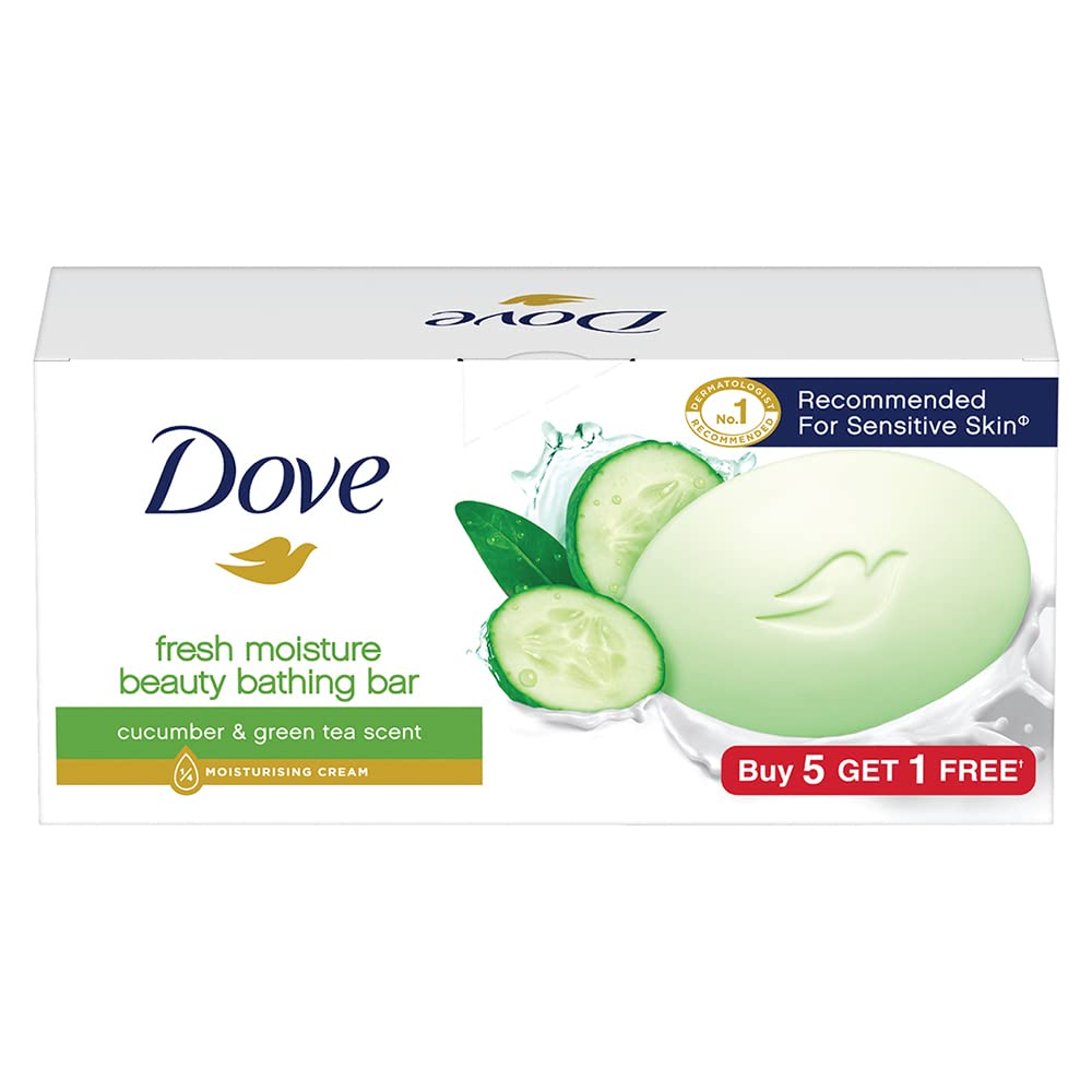 Dove Fresh Beauty Bar Soap with Cucumber & Green Tea - 6 Pack (75g Each) for Hydrated, Glowing Skin - Gentle Cleansing for Face & Body - Perfect for Daily Shower & Travel