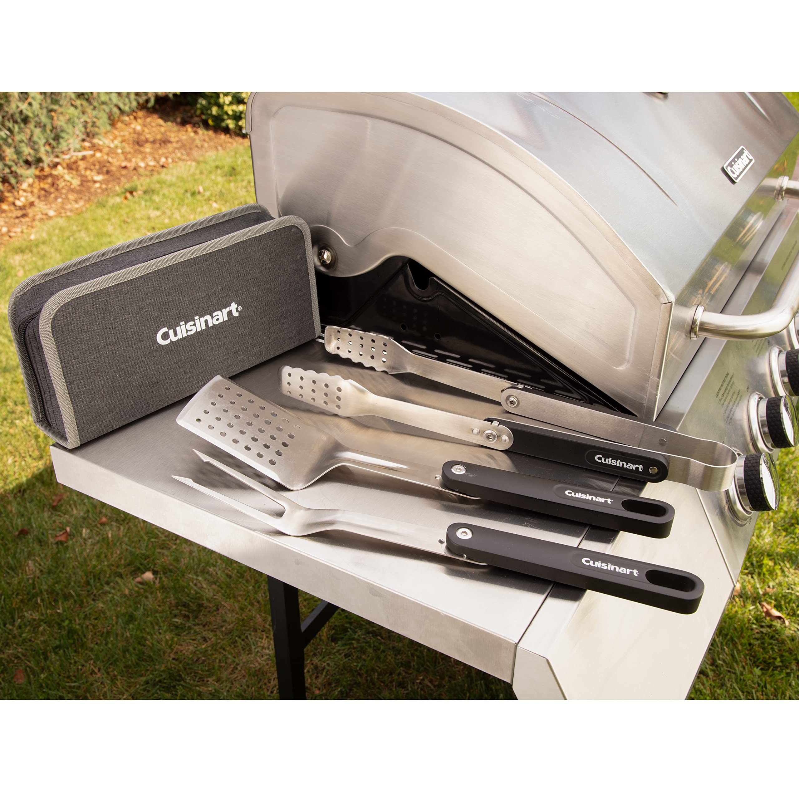 Cuisinart CGS-1000 4-Piece Folding Grill Tool Set - Stainless Steel BBQ Utensils with Case - Perfect for Outdoor Cooking, Camping & Backyard Parties
