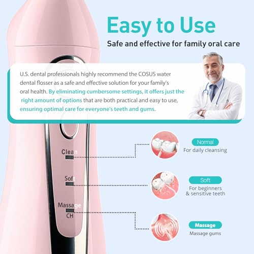 COSLUS 300ML Portable Cordless Water Dental Flosser - Rechargeable Electric Teeth Cleaning Oral Irrigator with IPX7 Waterproof, Travel-Friendly Teeth Pick for Home & Travel Use (Pink, Model C20-F5020E) - Perfect for Daily Oral Care, Braces Cleaning, and Gum Health Maintenance