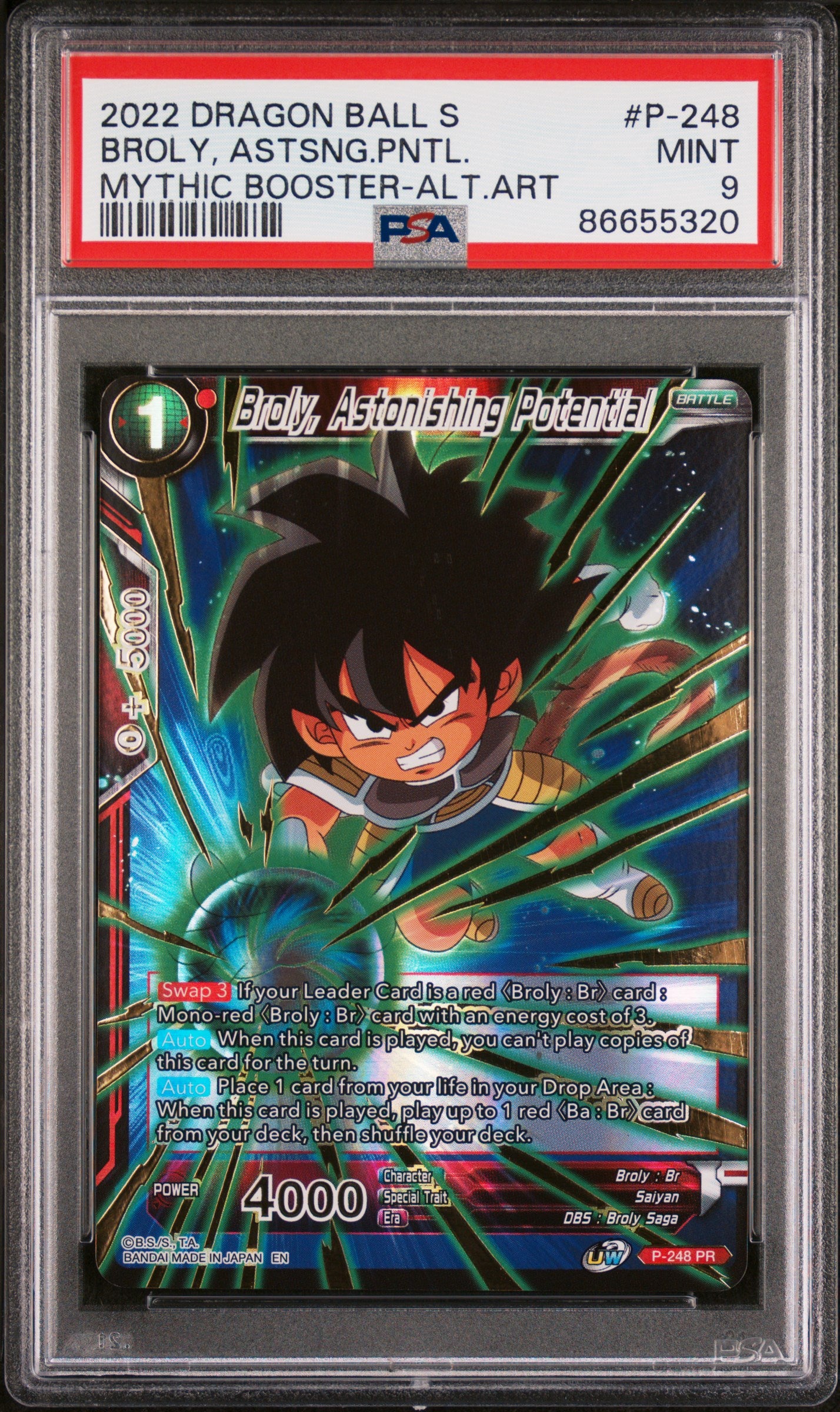2022 Dragon Ball Super Mythic Booster Broly Card #P248 PSA 9 - Rare Collectible for Anime Fans & TCG Players - Perfect for Display, Trading & Gaming Battles