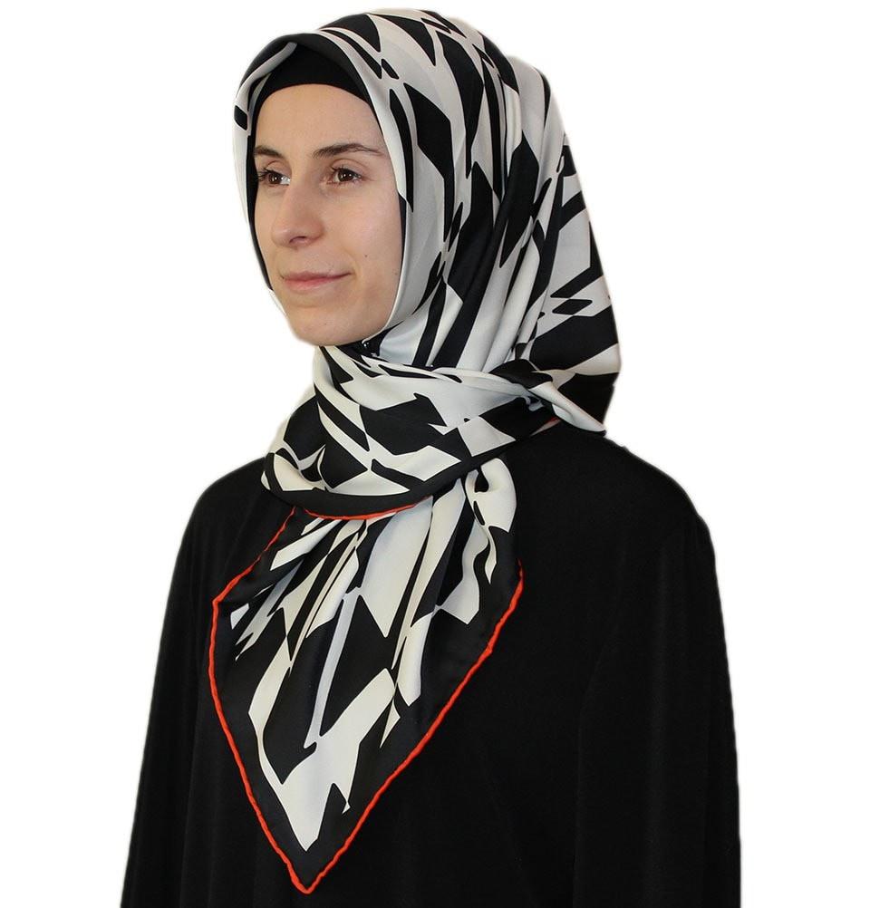 Aker Satin Square Hijab Scarf 6749 963 - Soft & Breathable Muslim Headscarf in Black & White - Perfect for Daily Wear, Prayer & Special Occasions