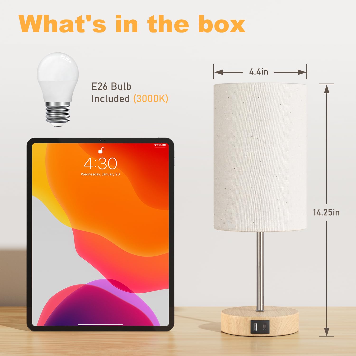 AKASUKI 3-Way Dimmable Touch Table Lamp with USB Charging Ports - Bedside Nightstand Lamp for Bedroom, Living Room & Office (LED Bulb Included) | Perfect for Reading, Working & Charging Devices