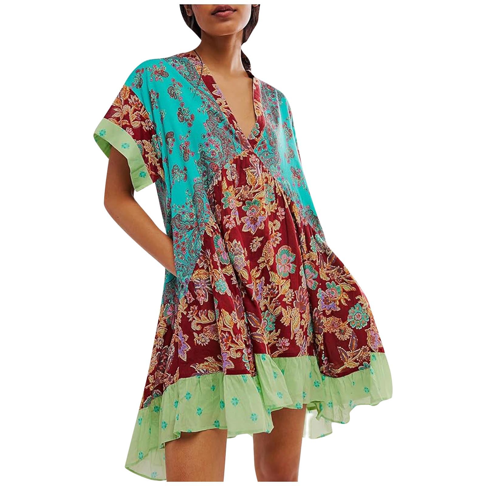 Boho Summer Dresses for Women 2024 - Short Sleeve Mini Dress with V Neck & Oversized Striped Print - Perfect for Beach Vacations, Music Festivals and Casual Outings