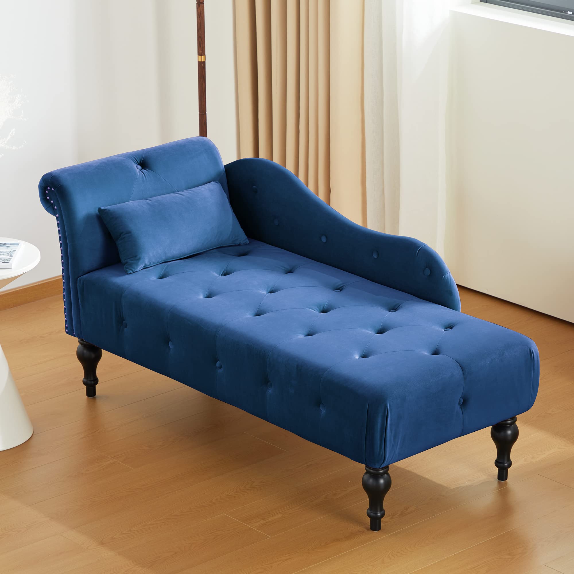 Tufted Upholstered Velvet Chaise Lounge with Rolled Arms & Nailhead Trim - Right Arm Facing Sofa Chair for Living Room, Bedroom & Office (Navy Blue) | Perfect for Relaxing, Reading & Home Decor