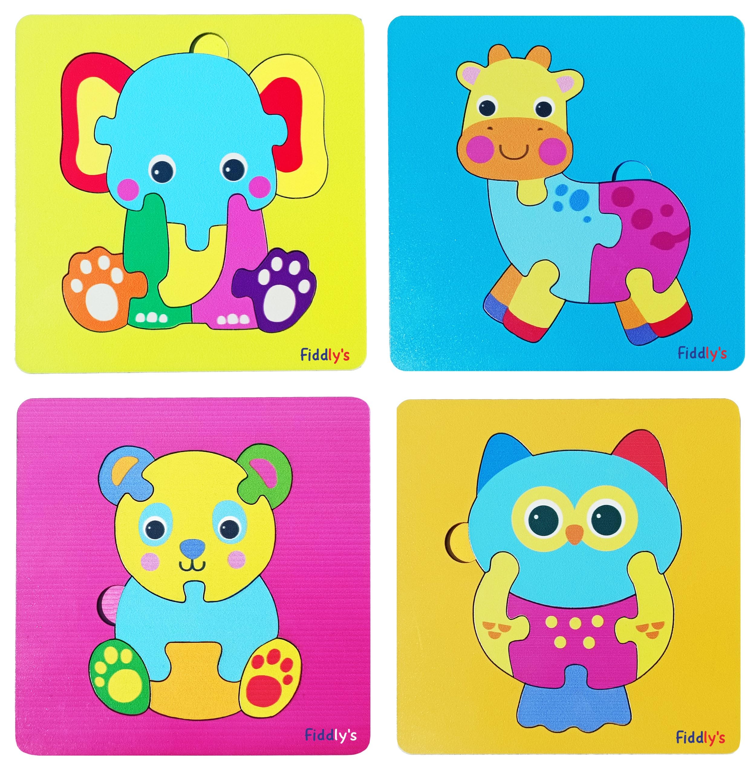 Fiddlys 3D Wooden Jigsaw Puzzles for Kids - 4 Pack Cute Cartoon Animal & Teddy Bear Puzzles - Educational Toys for Toddlers & Children - Perfect for Birthday Gifts, Classroom Activities & Family Game Night