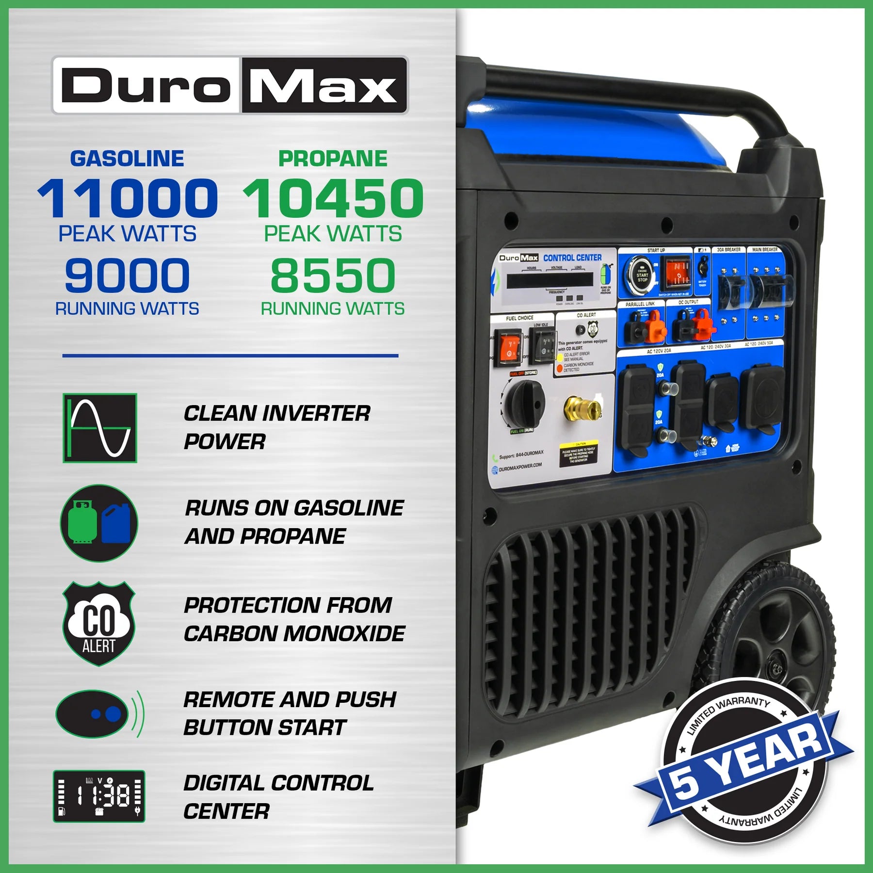 DuroMax XP11000iH 9000W/11000W Dual Fuel Portable Generator - Gas & Propane Powered with Remote Start, Inverter Technology & CO Alert - Ideal for Home Backup Power, Camping, RV Trips and Emergency Use