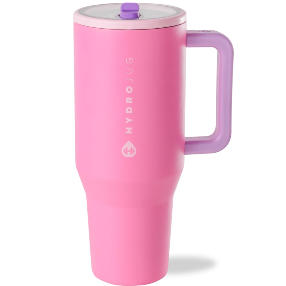 HydroJug Traveler - 40 oz Insulated Stainless Steel Water Bottle with Handle & Flip Straw - Leak Proof Tumbler with Rubber Base - Fits in Car Cup Holder - Perfect Gift for Women & Men (Pink Sugar) - Ideal for Gym, Hiking, Office & Travel Hydration