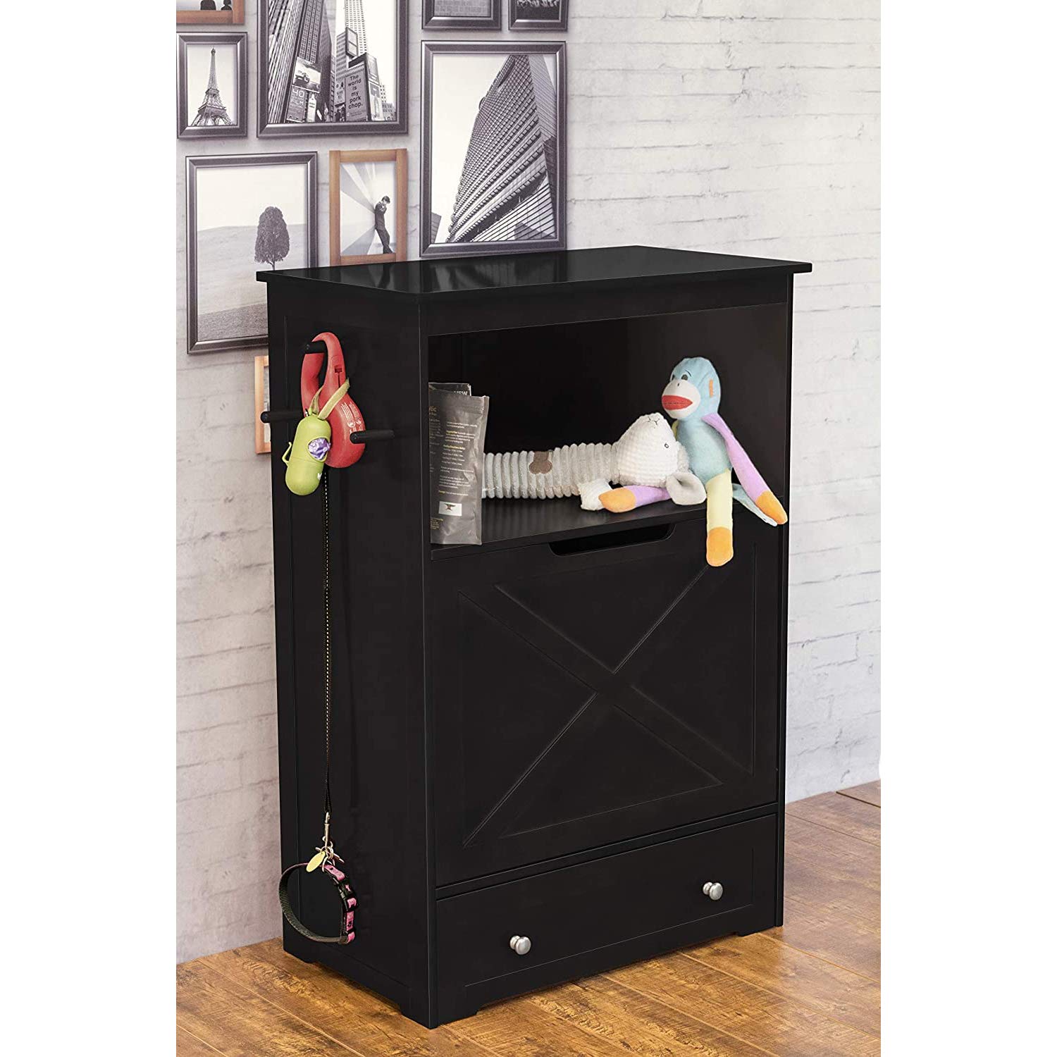 Zoovilla Windsor Elevated Dog Bowl Stand with Storage - Adjustable Pet Feeder Station for Large Dogs, Black, 13.78