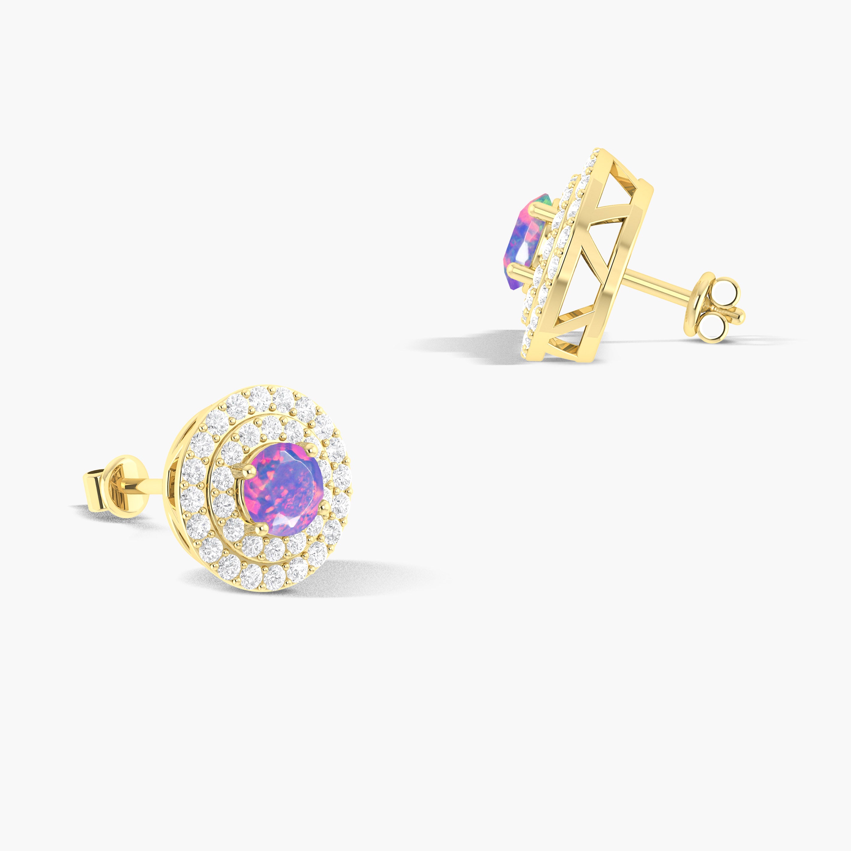 5MM Round Natural Lavender Opal Halo Stud Earrings with Push Back - Dainty Sterling Silver Jewelry for Women, Gift for Her, Perfect for Weddings & Special Occasions