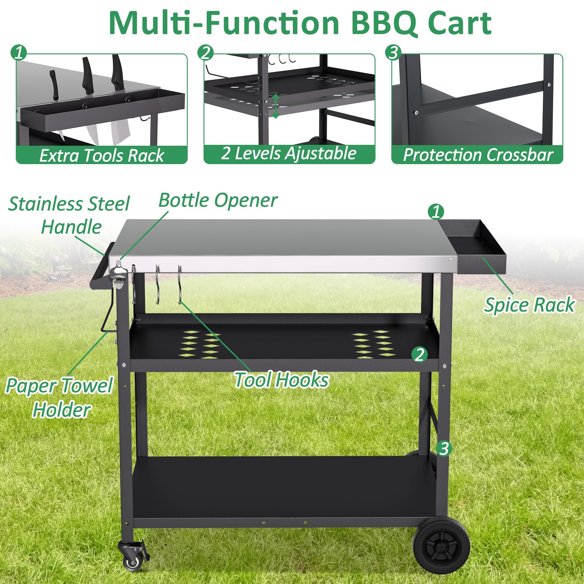 Spurgehom Outdoor Grill Cart with Wheels - Portable BBQ Cooking Prep Table with Pizza Oven Stand & Mesh Racks - Perfect for Patio Dining, Home Parties, Camping & Backyard Gatherings